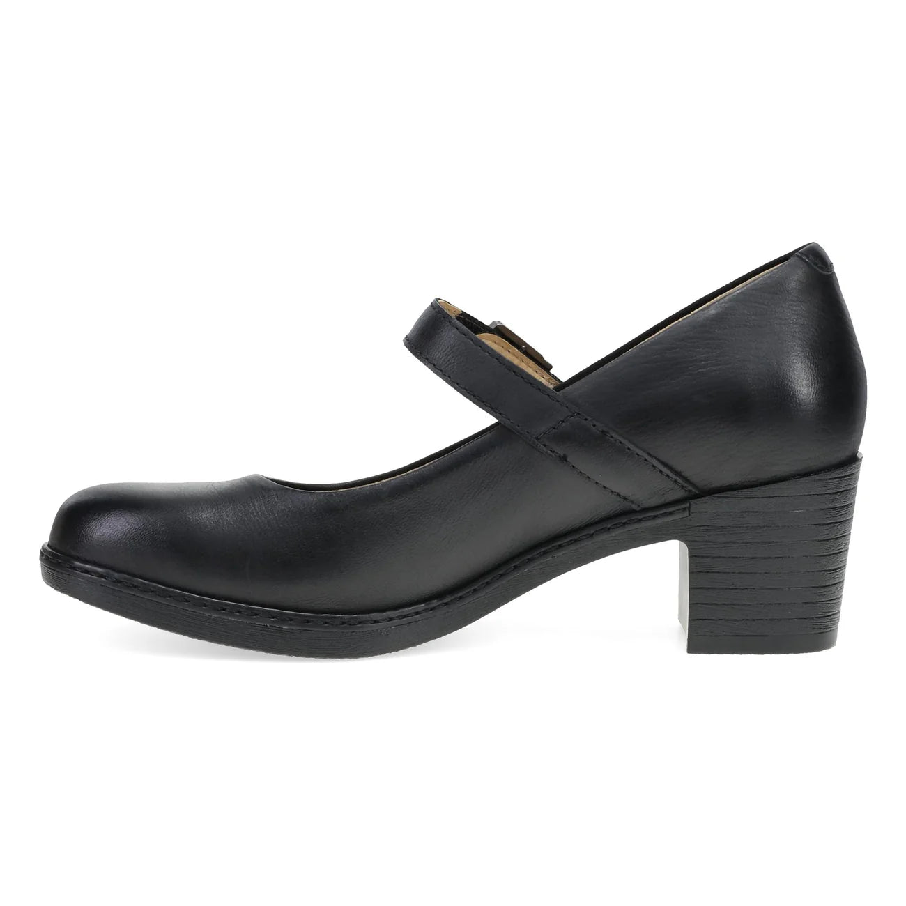A black leather Mary Jane pump with a block heel, shown in a side profile view against a plain white background.