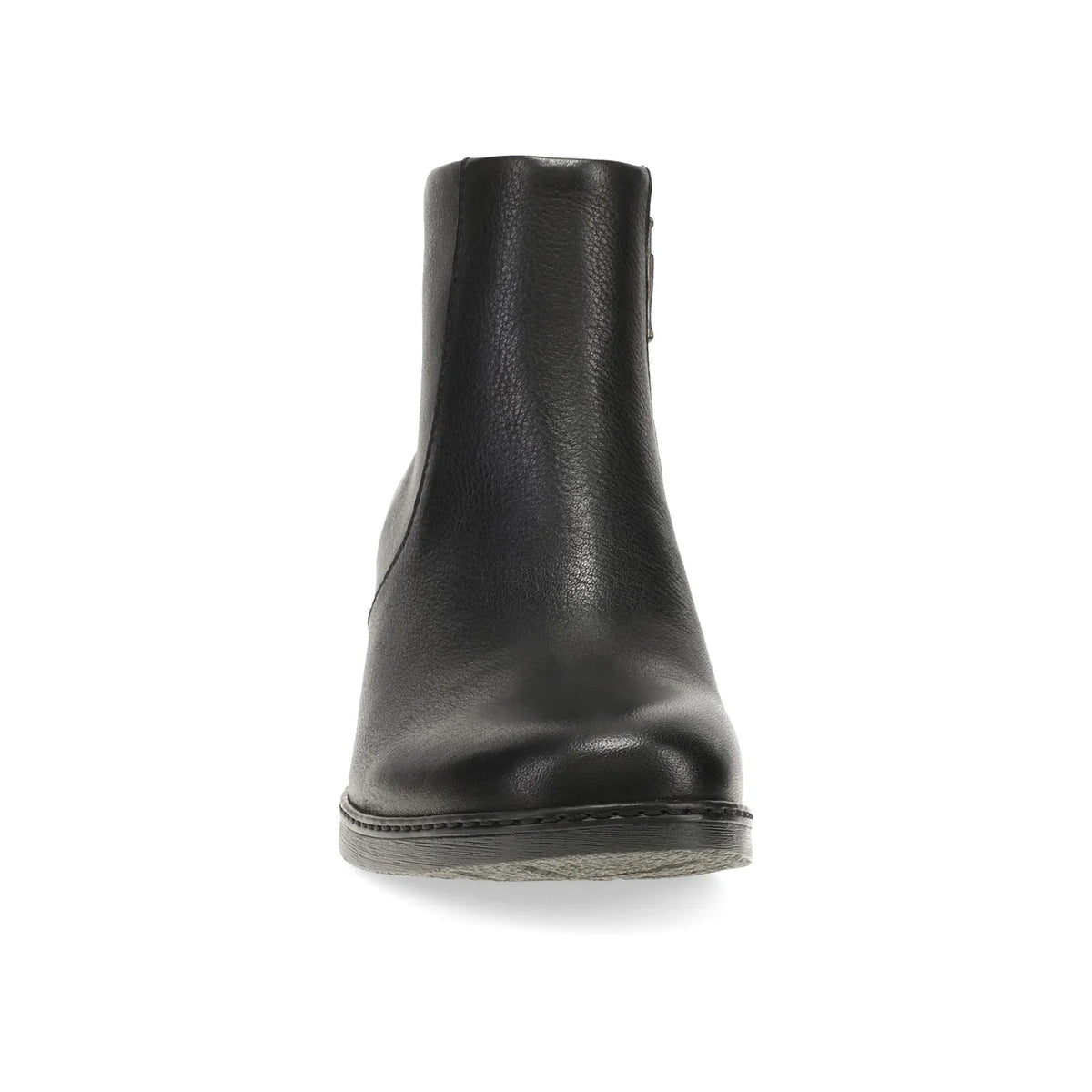 A single black leather ankle boot shown from a front-facing perspective on a clean white background.