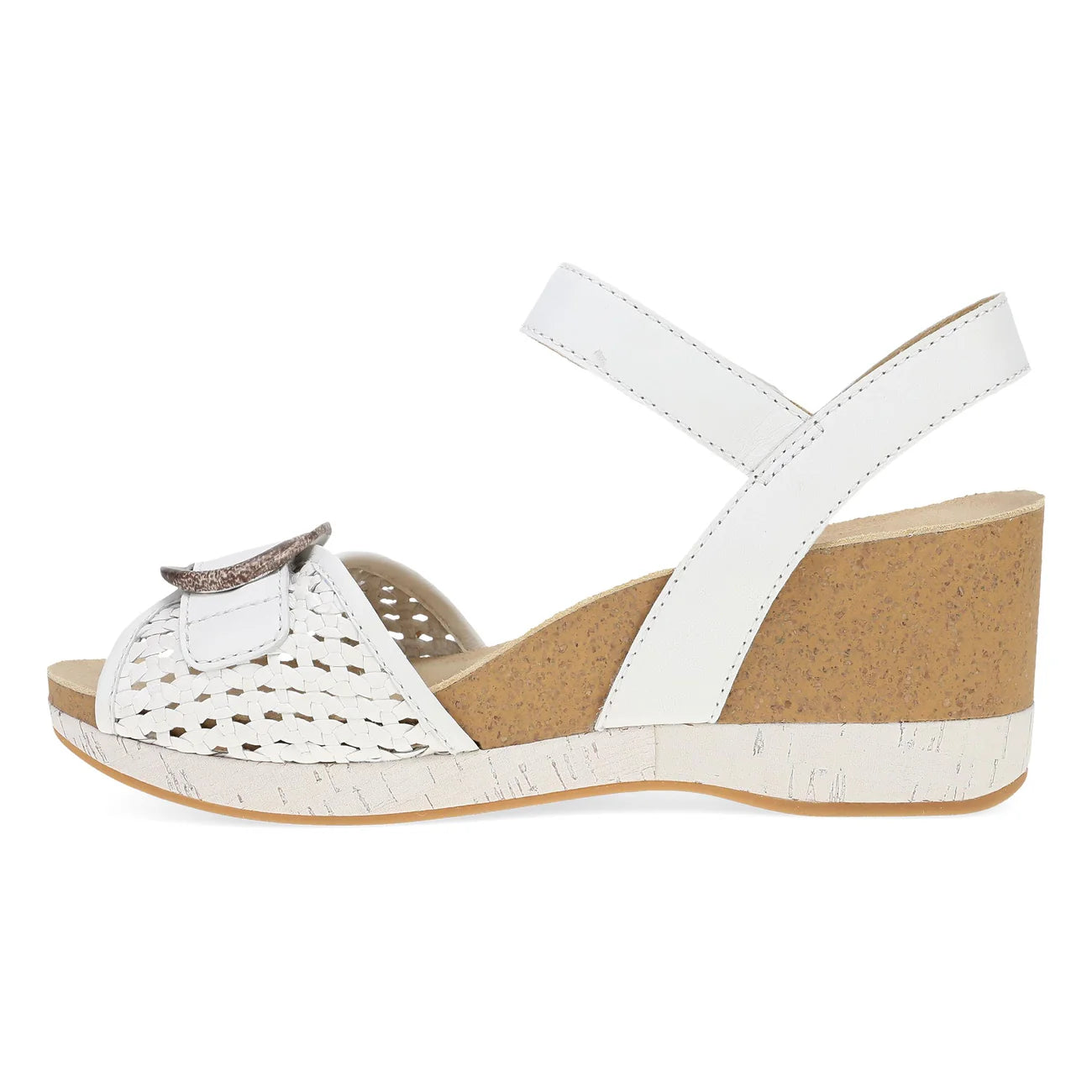 White wedge sandal with cork sole on a white background