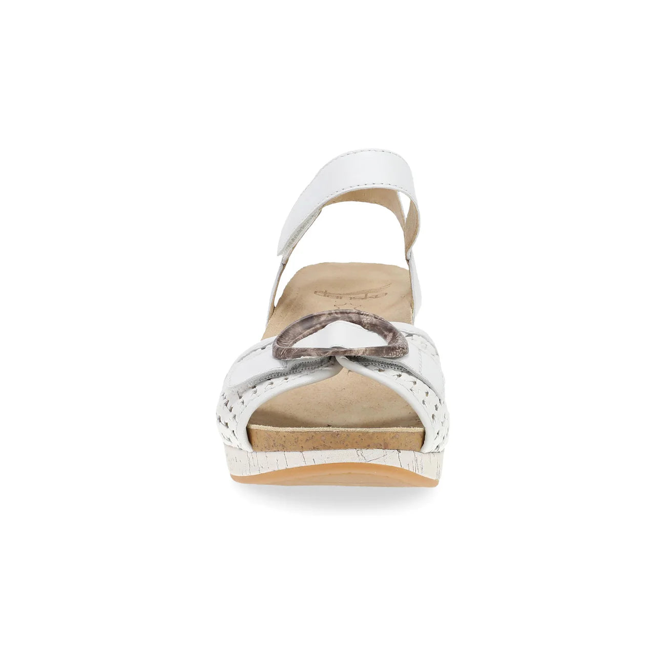 White wedge sandal with a brown insole on a white background