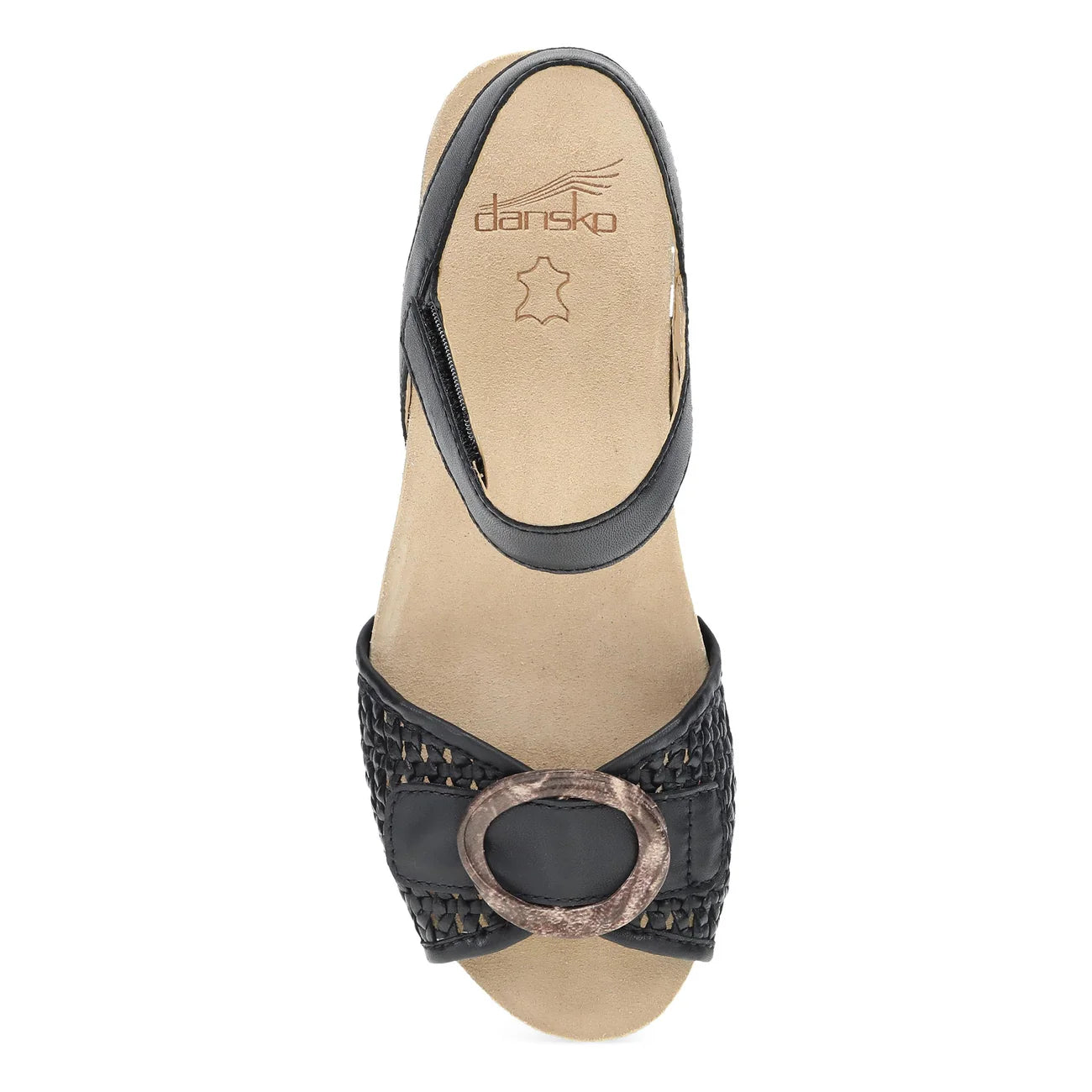 Black sandal with a decorative buckle on a white background