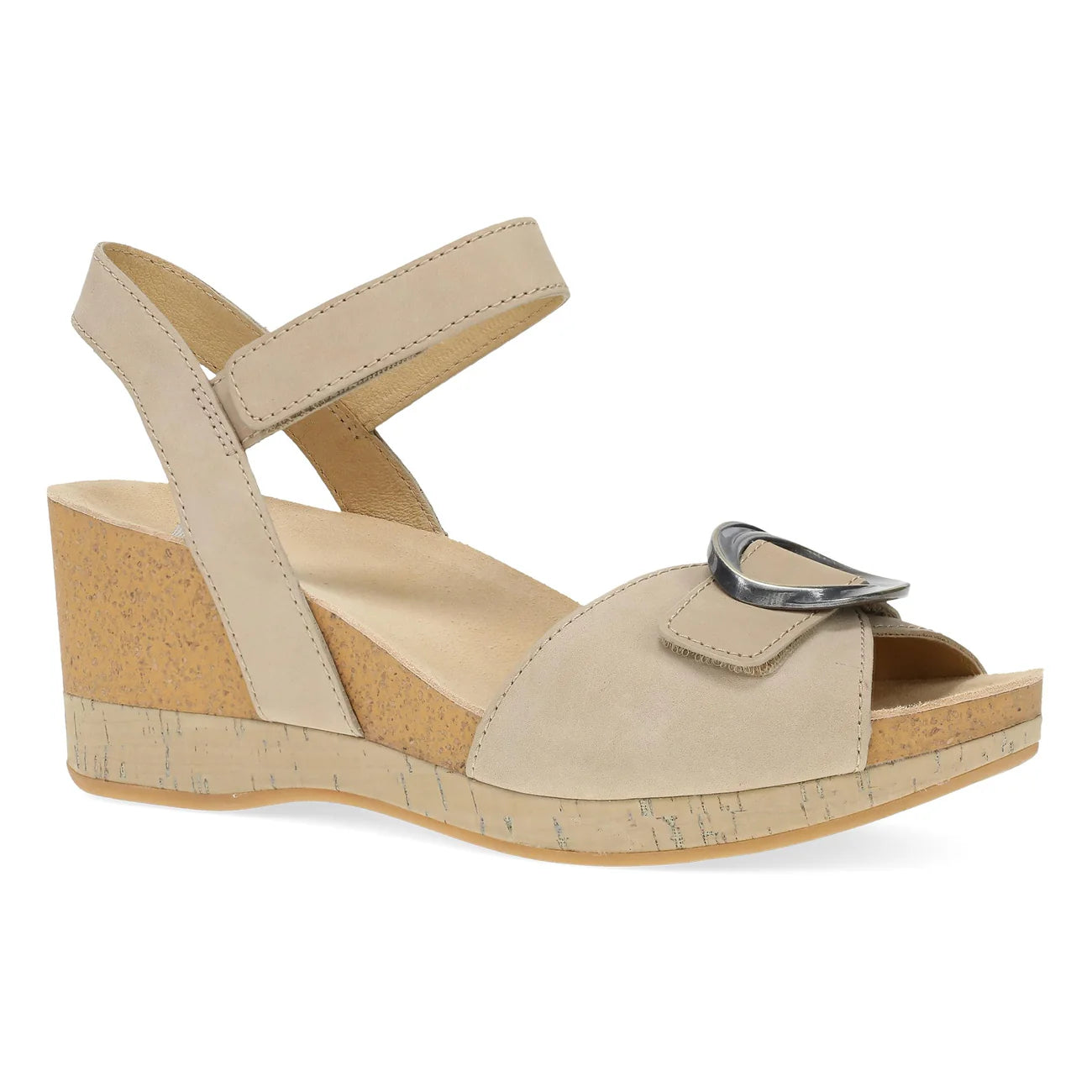 Beige wedge sandal with cork wedge sole on a white background