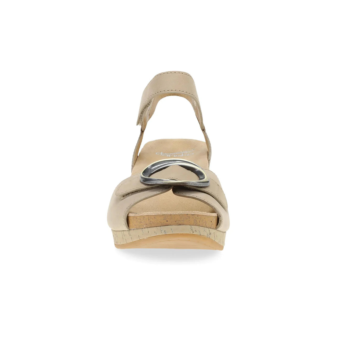 Beige wedge sandal with a wooden sole on a white background