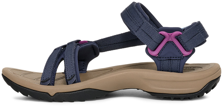 Navy and pink sandal with a beige sole on a white background