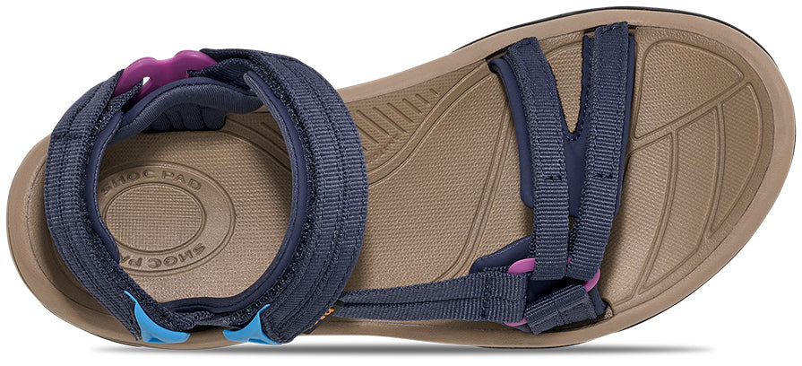 Navy sandal with pink accents on a beige background