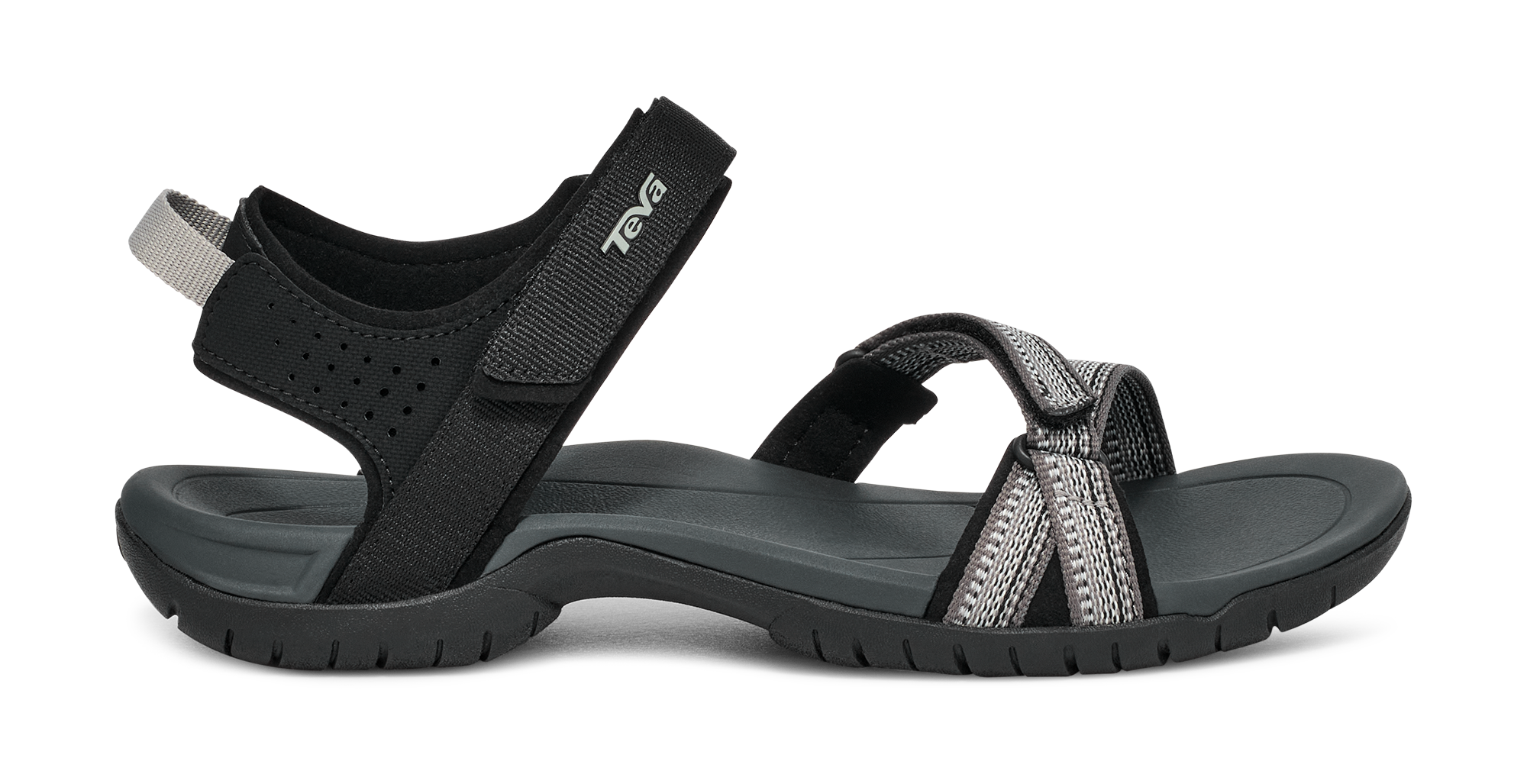 Black sandal with a strap on a white background