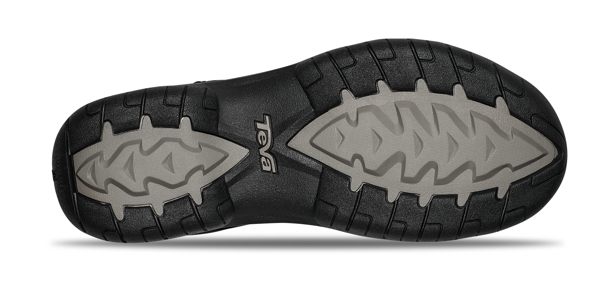 Close-up of a black shoe sole with brand logo on a white background