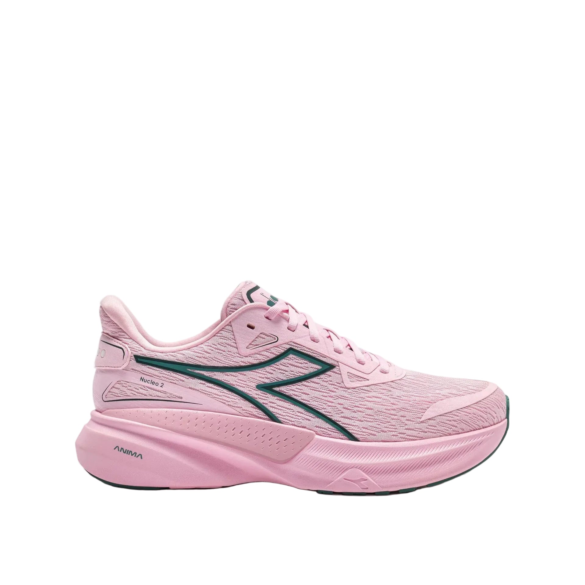 Pink running shoe with green accents on a white background