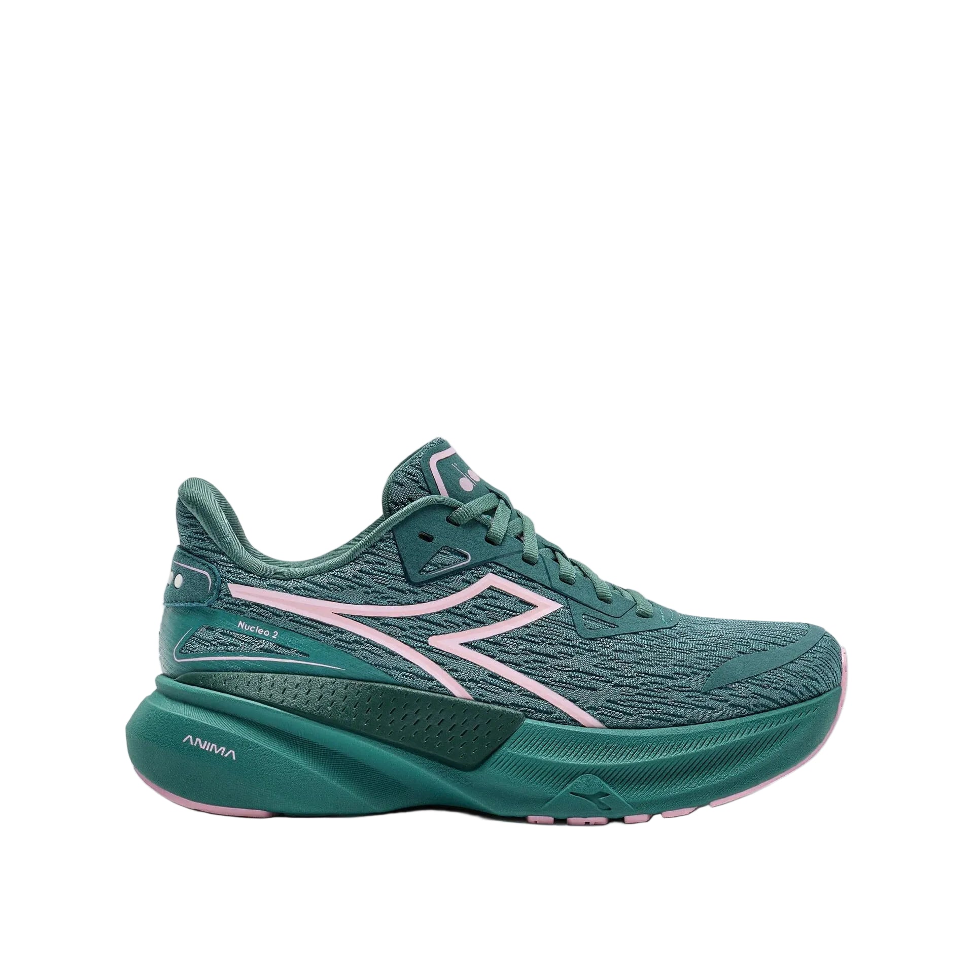 Green running shoe with pink accents on a white background