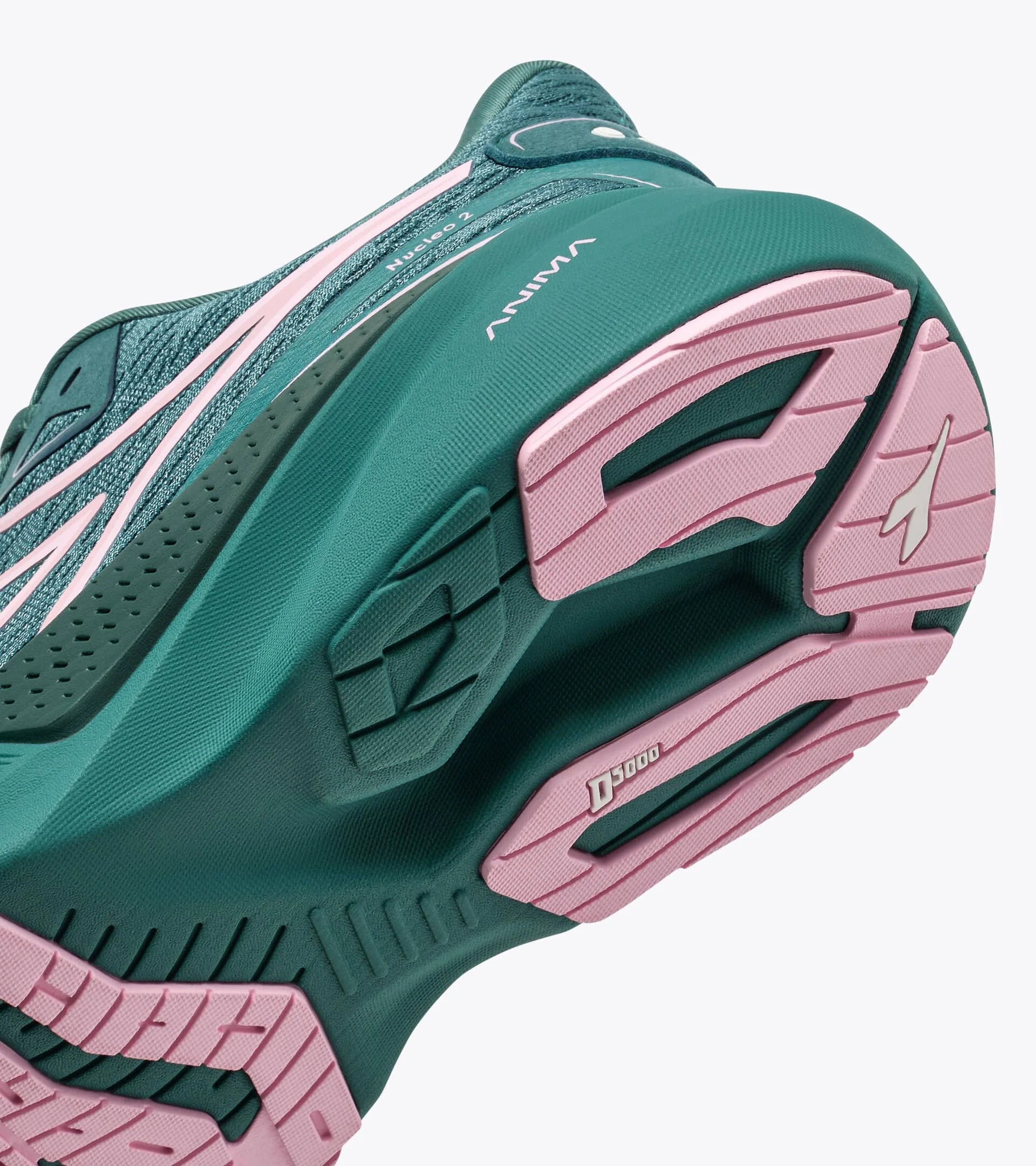 Close-up of a green and pink running shoe with brand logo on a white background