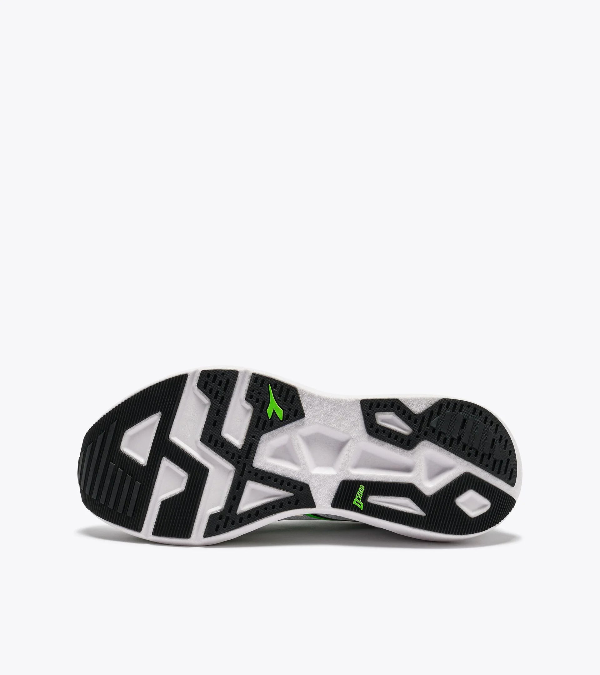 Black and white athletic shoe with green accents on a white background
