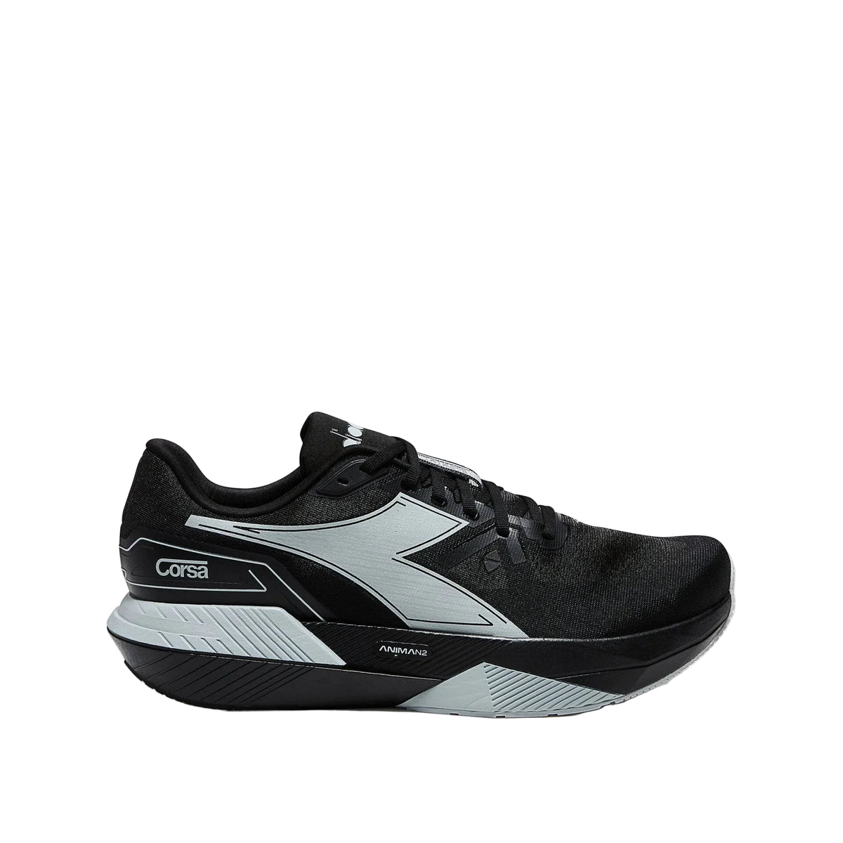 A black and light gray Diadora Corsa running shoe shown from a side profile view against a clean white background.