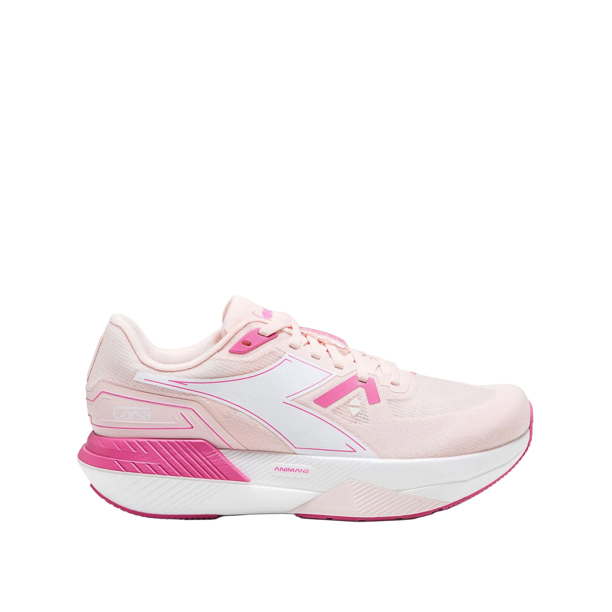 A light pink and white running shoe with vibrant pink accents, shown from a side profile on a clean white background.