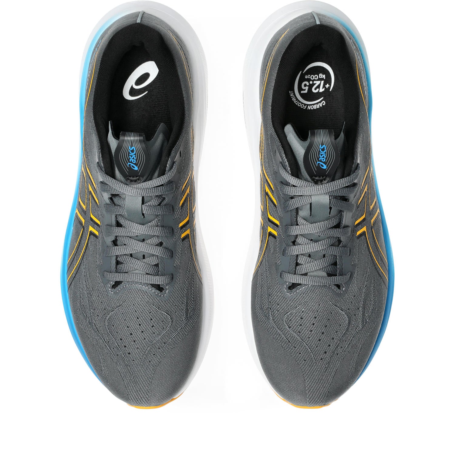Gray running shoes with blue and yellow accents on a white background