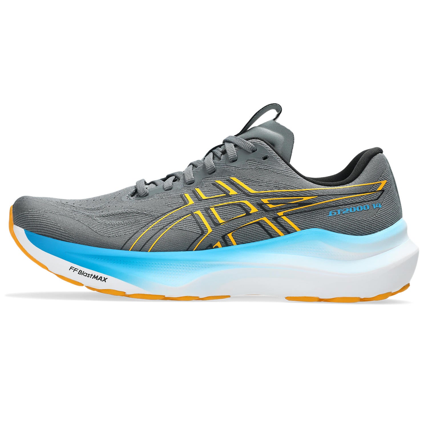 Gray running shoe with blue sole on a white background
