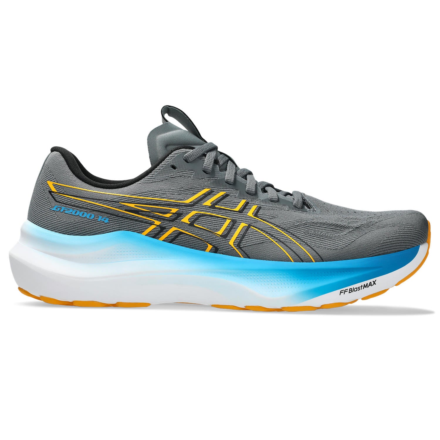 Gray running shoe with blue and yellow accents on a white background