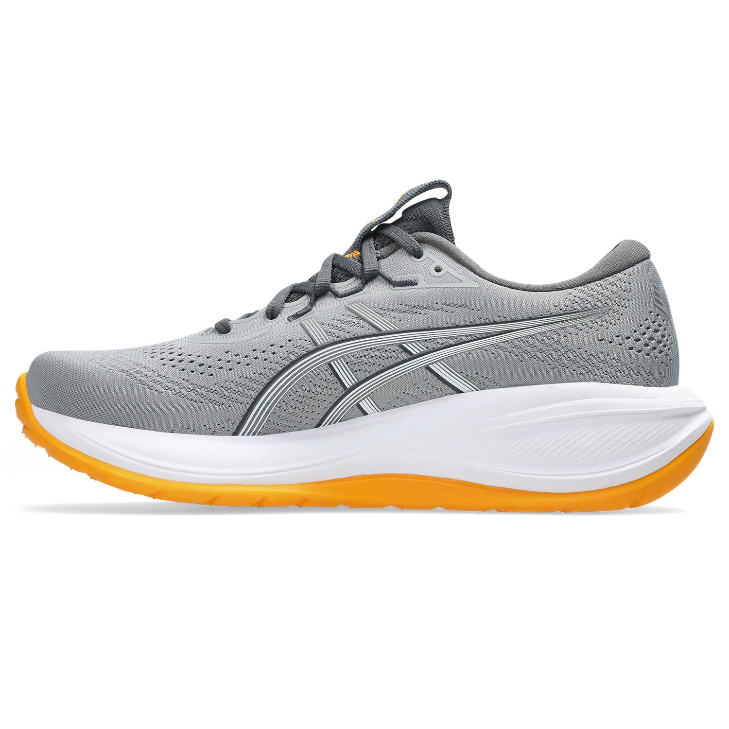 Gray running shoe with orange sole on a white background