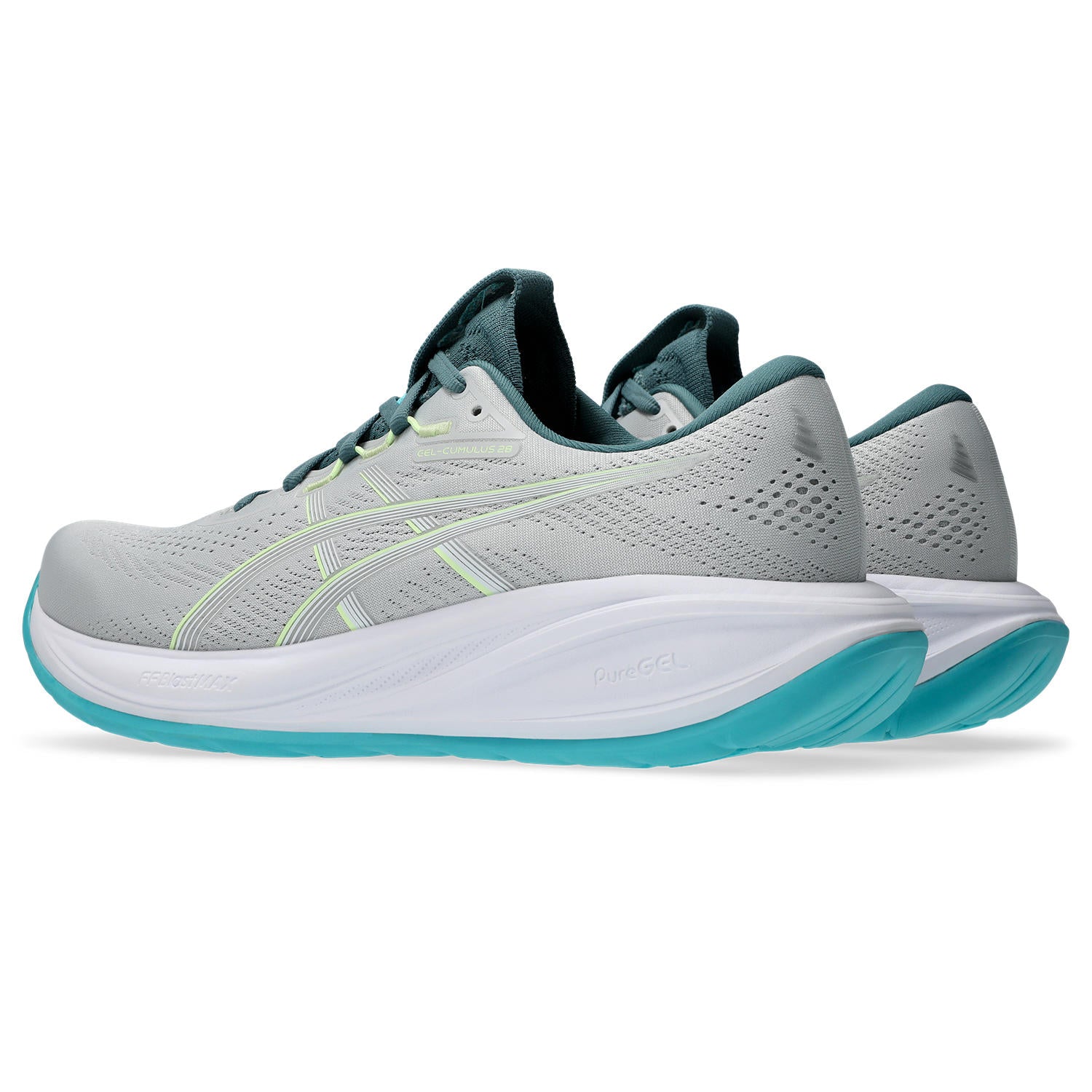 Gray running shoe with white sole and teal accents on a white background