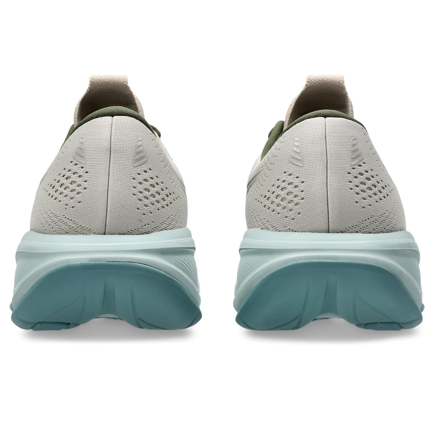 Back view of gray running shoes with a light blue sole on a white background