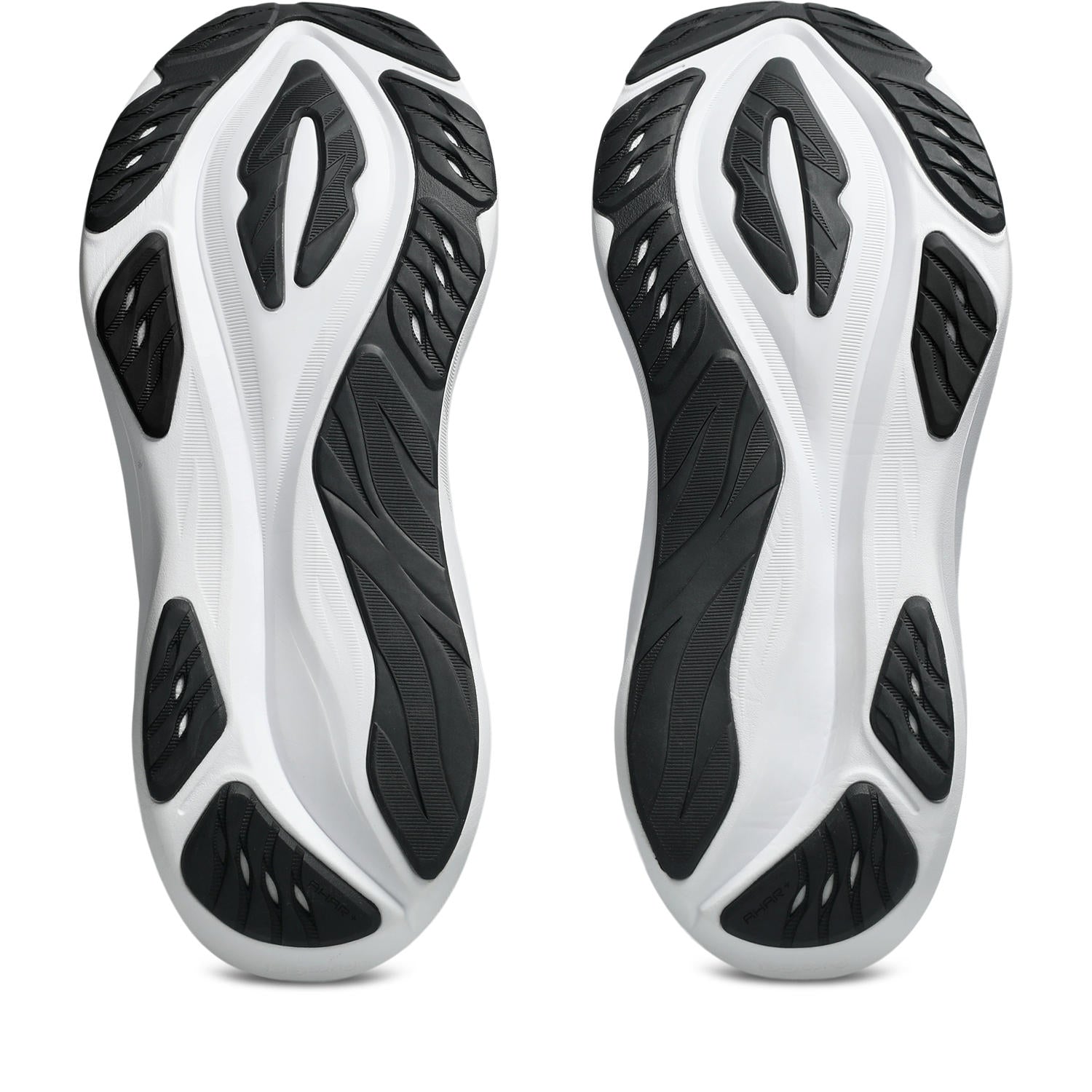A pair of athletic shoes shown from the sole view, featuring a white and black textured design on a clean white background.