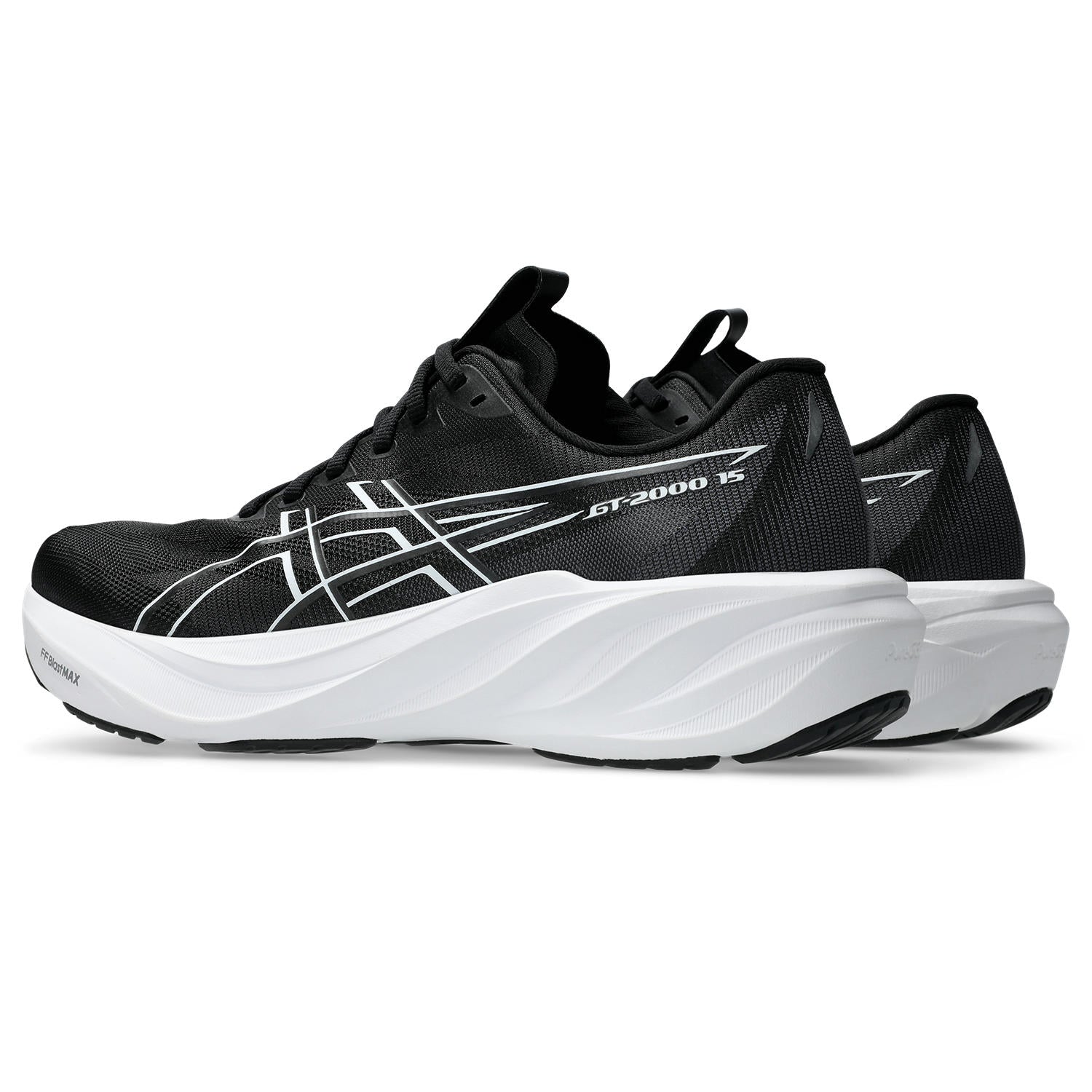 Black running shoe with colorful accents on a white background