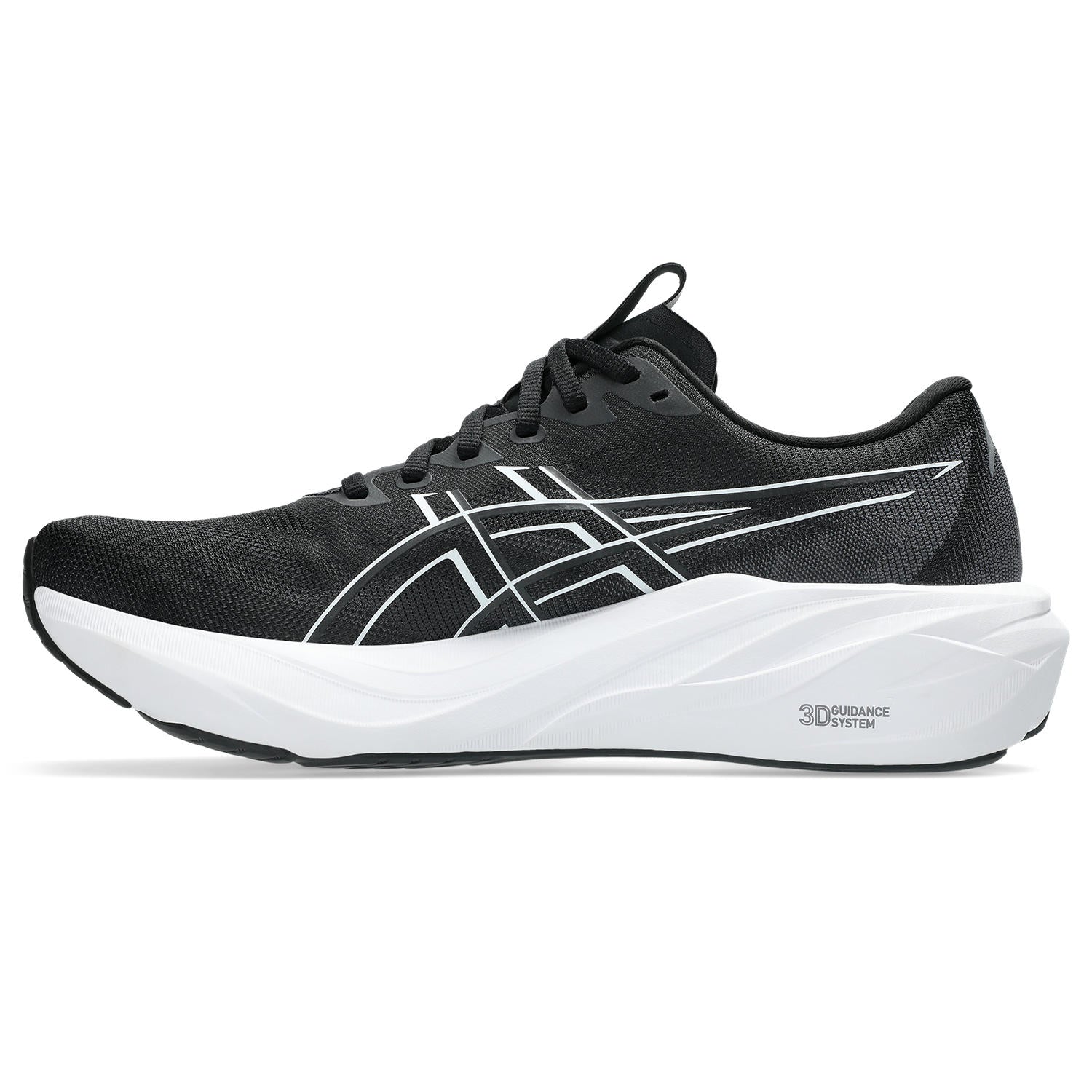 Black running shoe with white sole on a white background