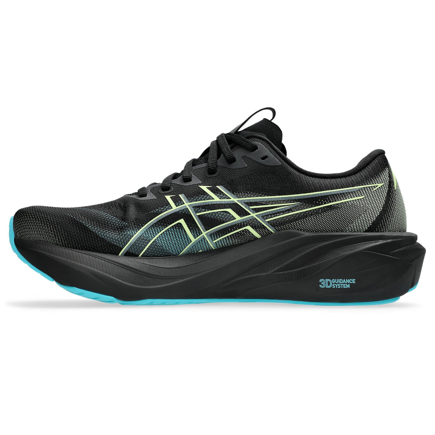 Black running shoe with green accents on a white background