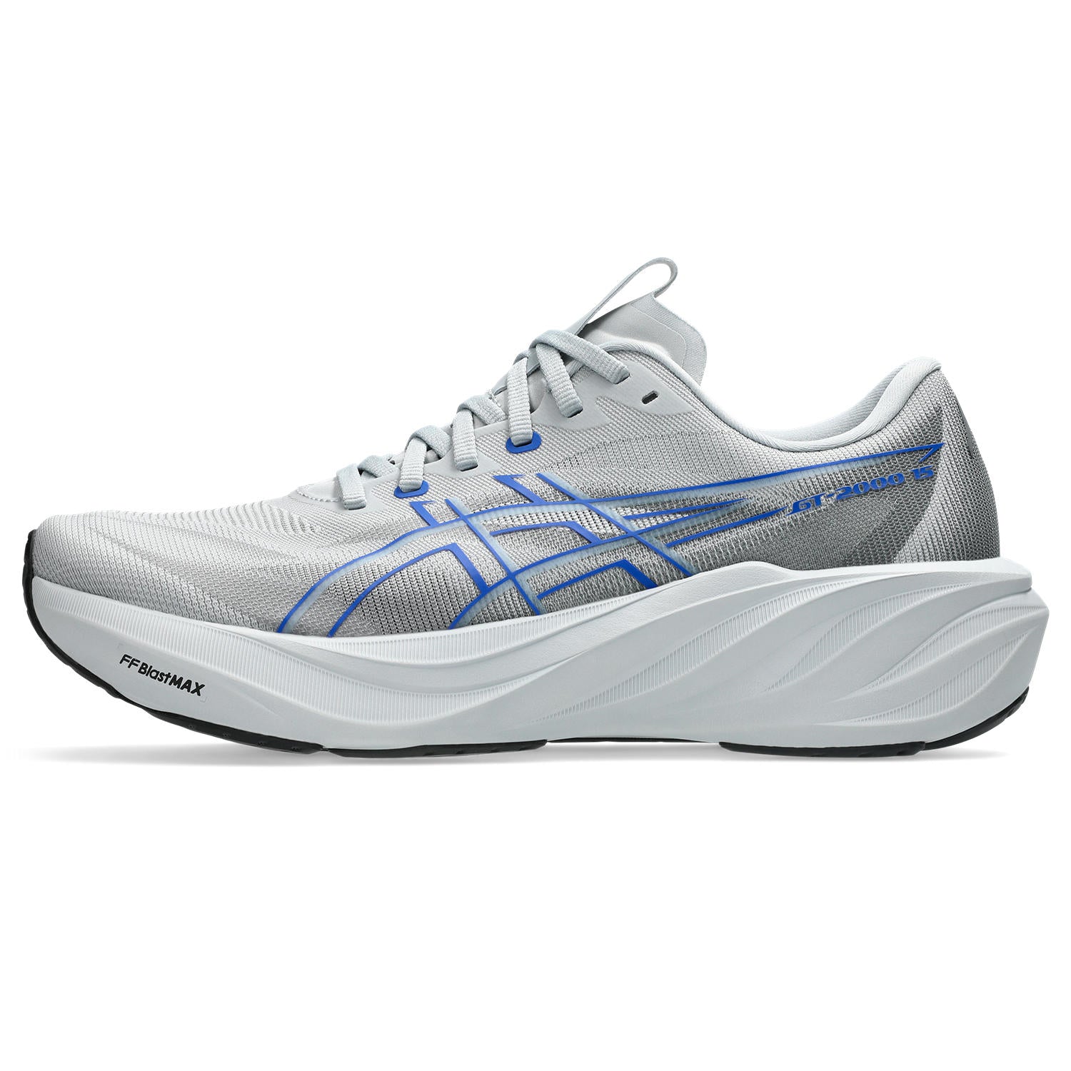 A light gray and white ASICS running shoe with blue logo accents, shown in a side profile on a white background.