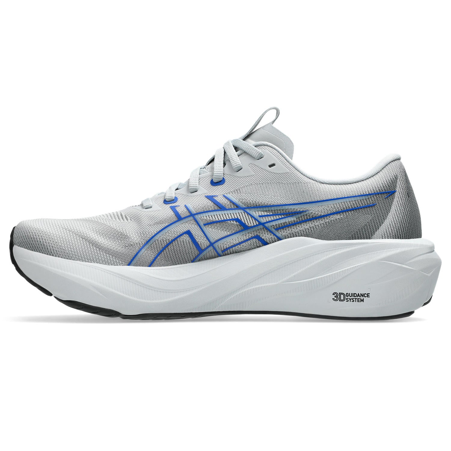 A light gray and white running shoe with blue ASICS stripes and a thick white cushioned sole, shown from the side on a white background.