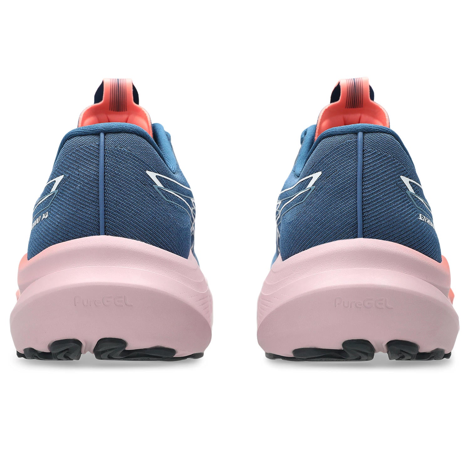 Blue running shoes with pink soles on a white background