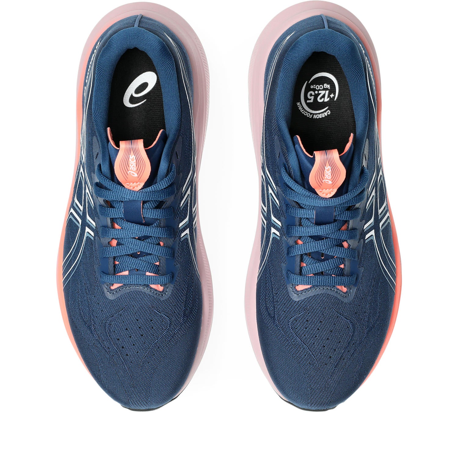 Blue running shoes with pink accents on a white background