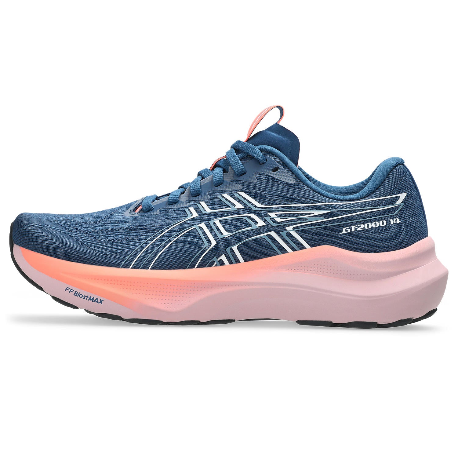 Blue and pink running shoe with 'GT2000' branding on a white background