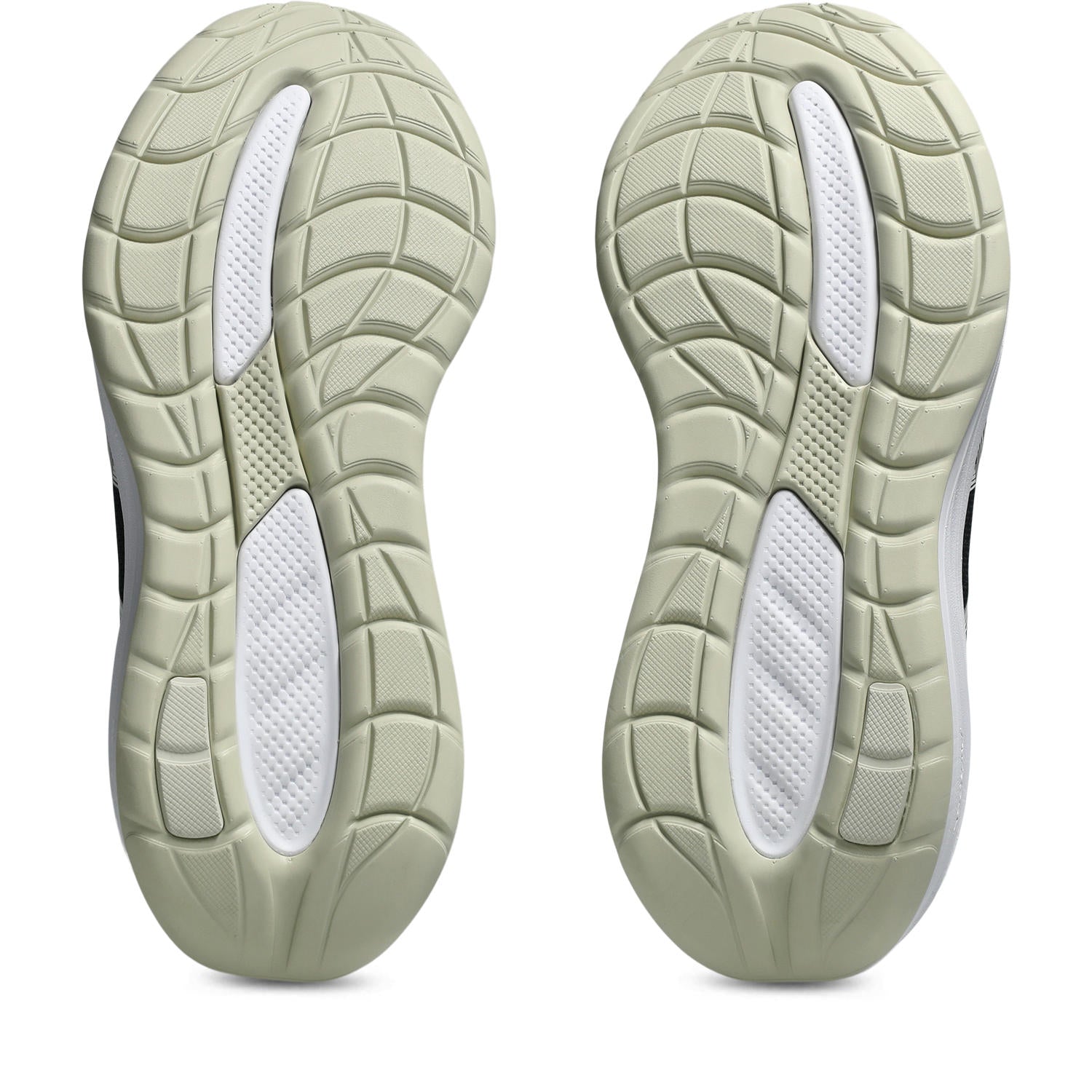 Close-up of a pair of green athletic shoes with tread pattern on a white background