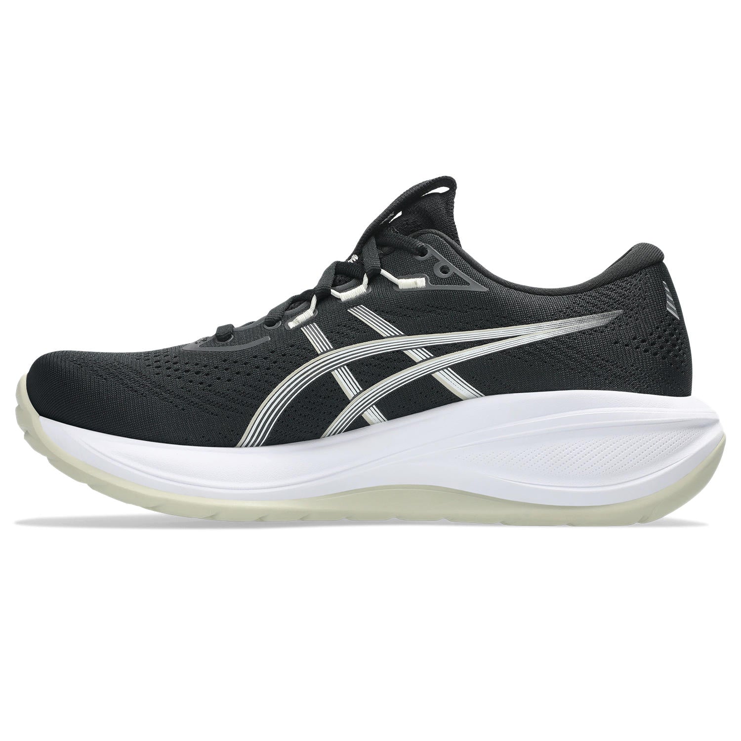 Black running shoe with white sole on a white background