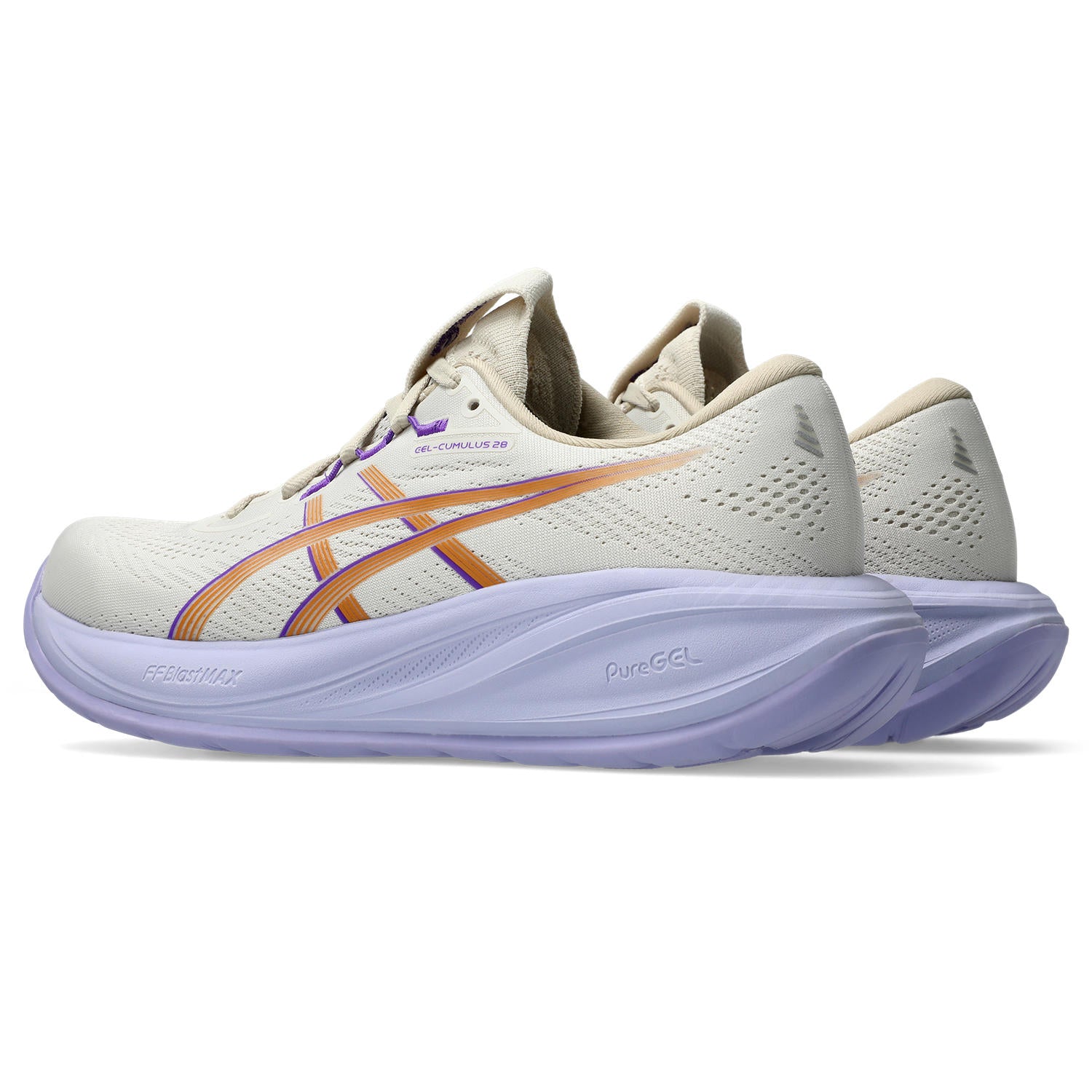 White running shoe with orange and purple accents on a white background