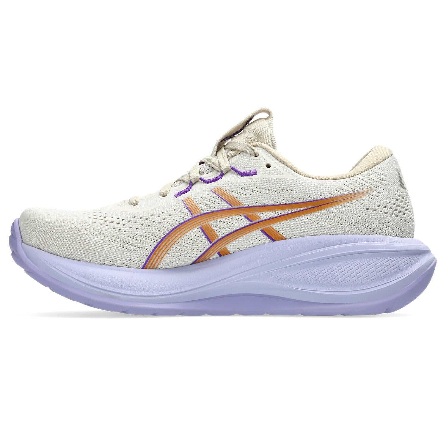White running shoe with orange and purple accents on a white background