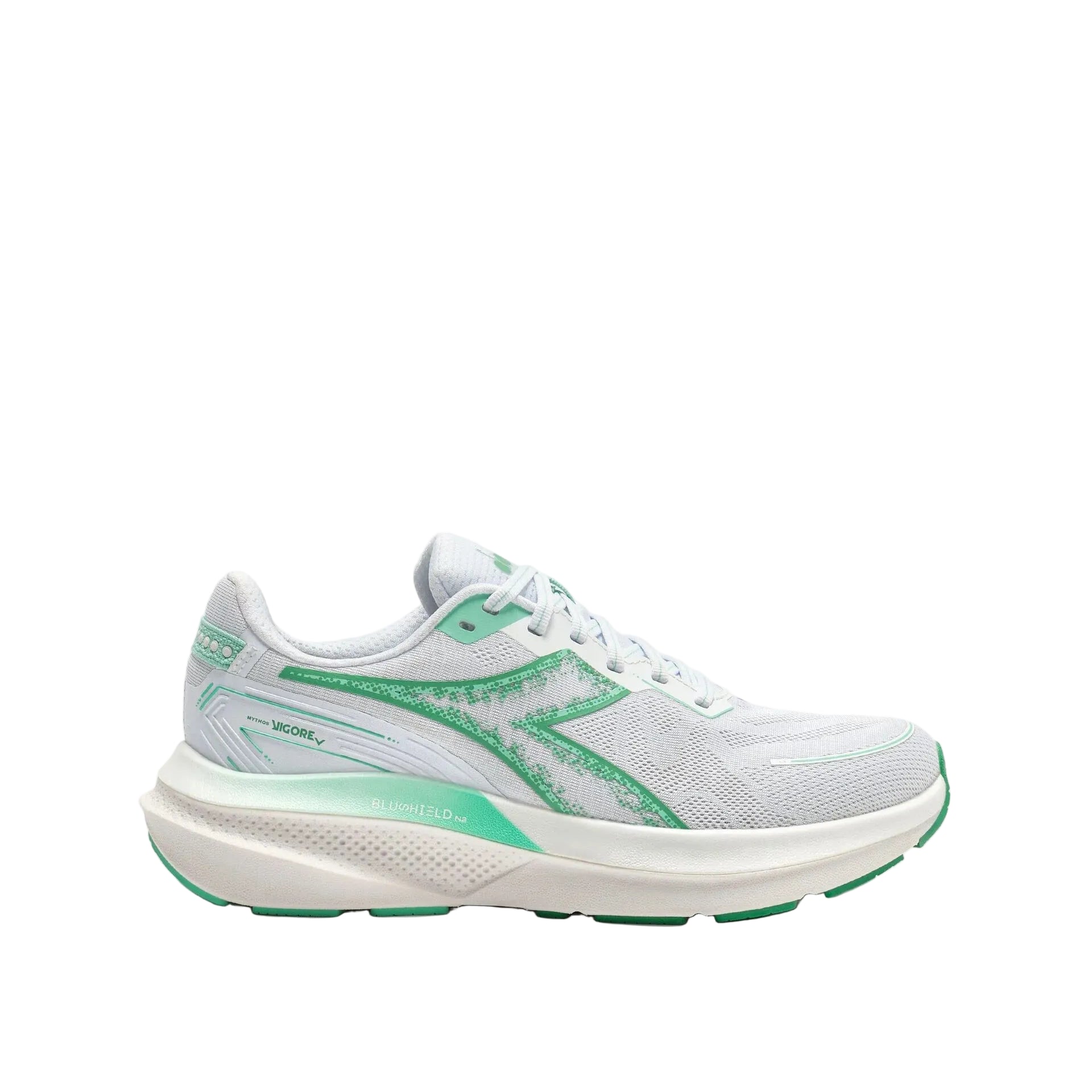 White and green running shoe on a white background