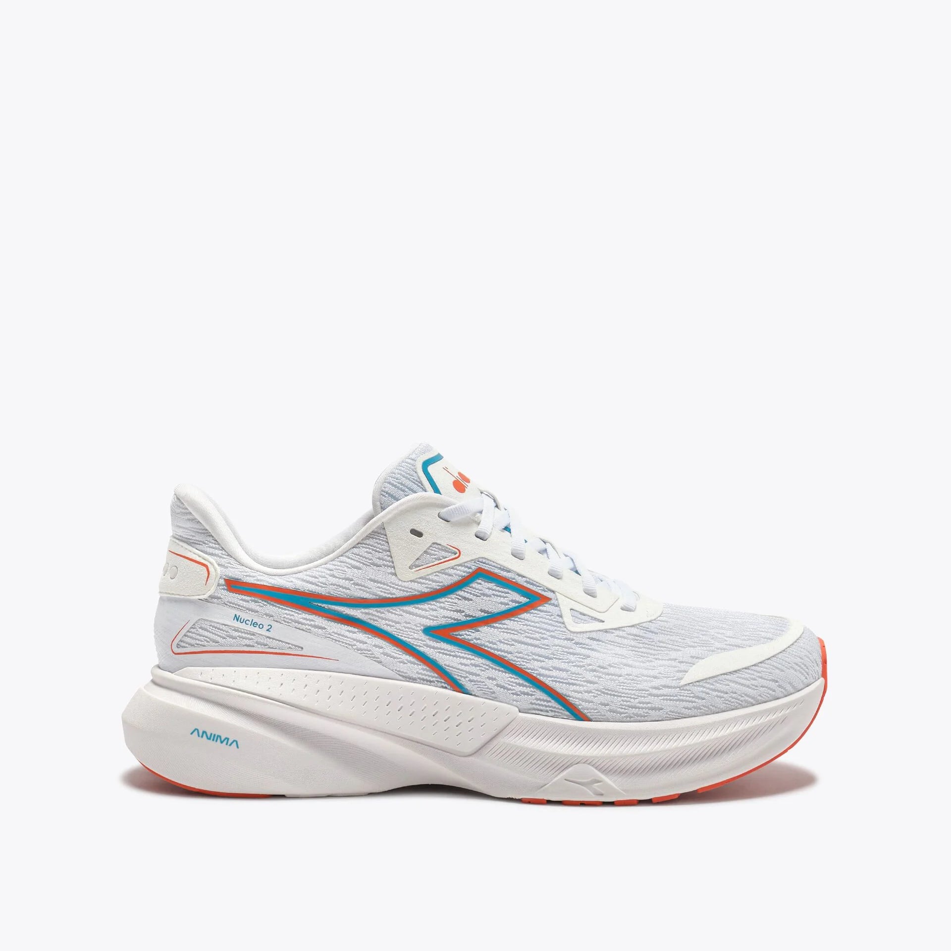 White running shoe with blue and orange accents on a white background