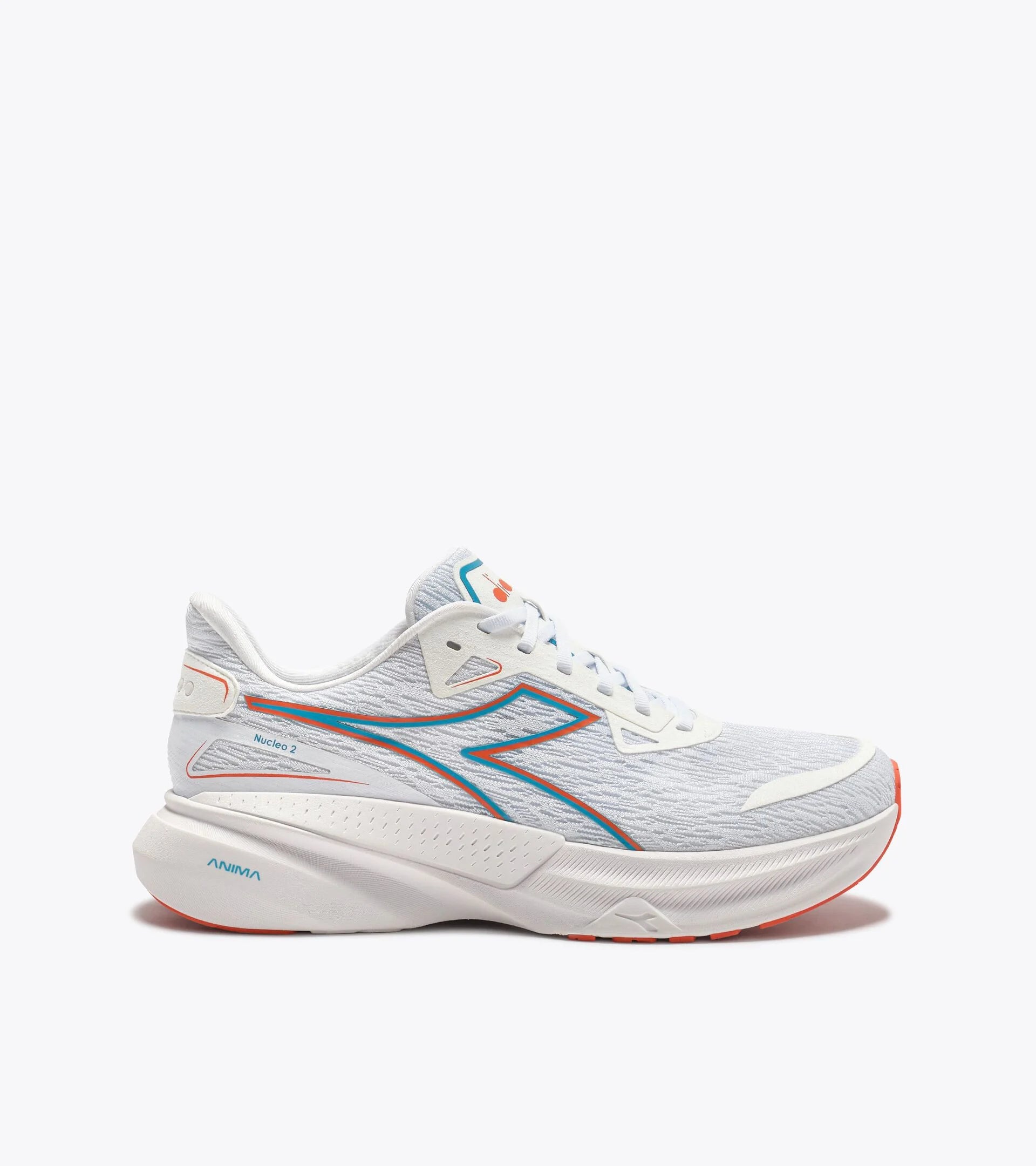White running shoe with blue and orange accents on a white background