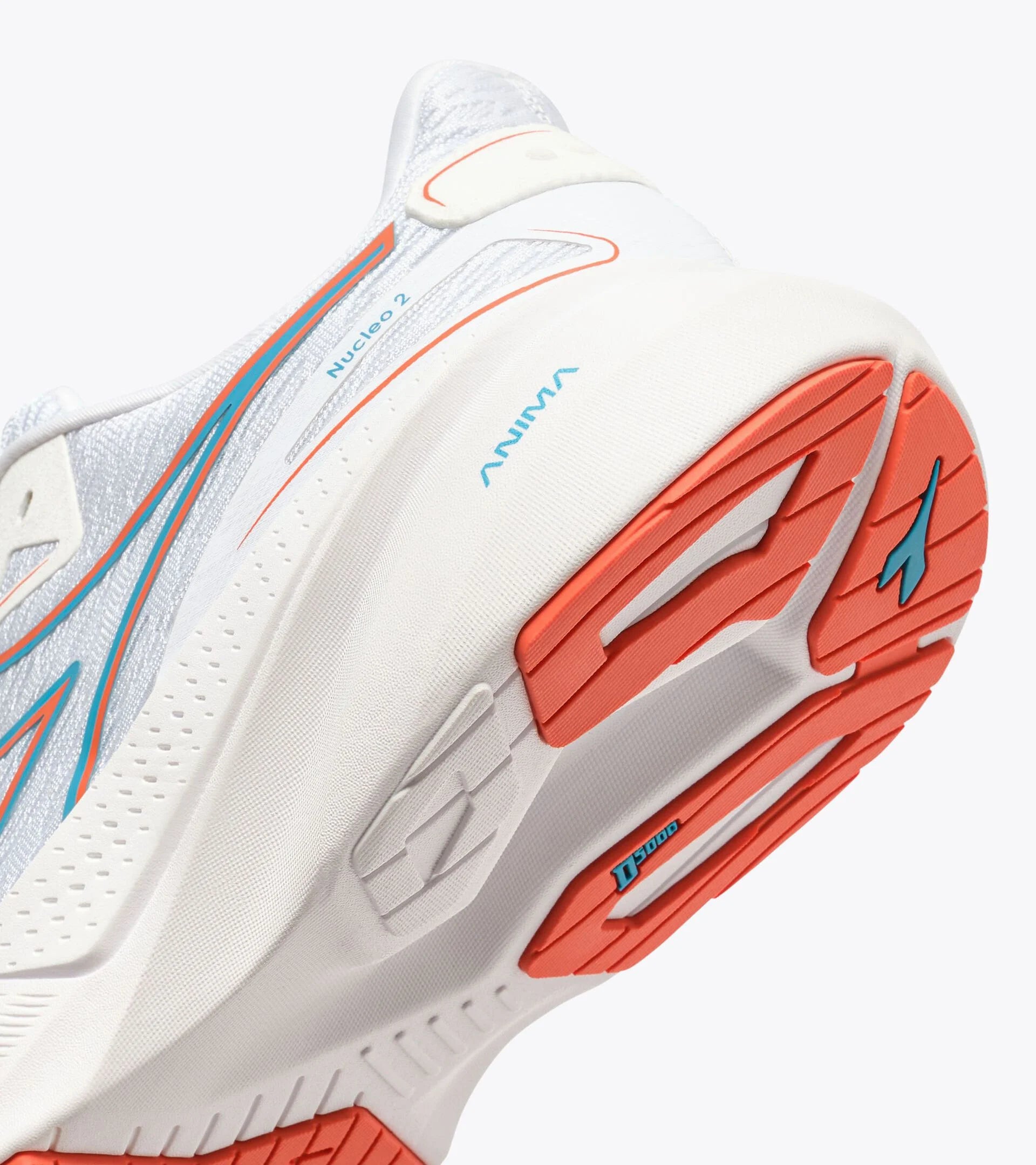 Close-up of a running shoe with orange and white design on a white background