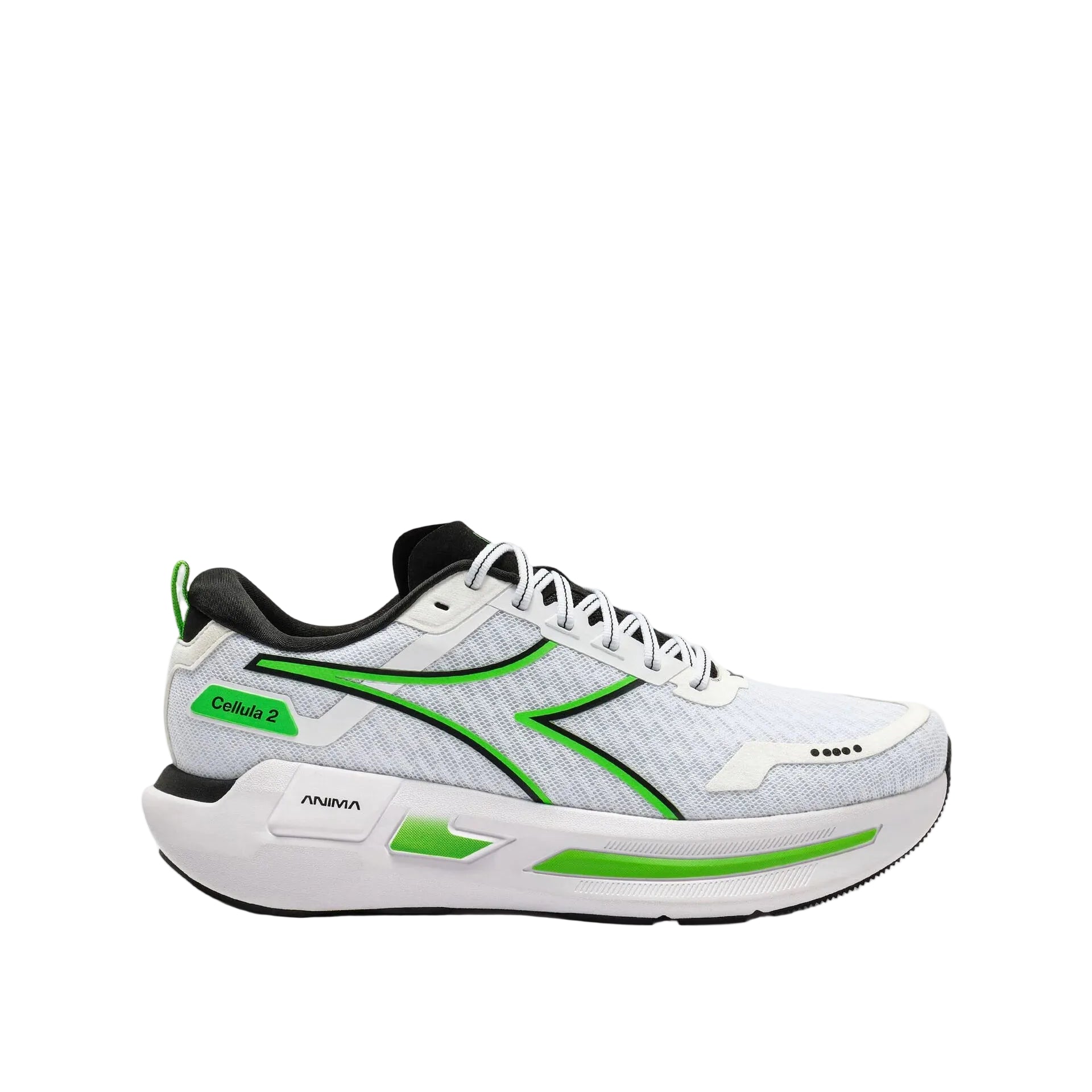 White running shoe with green accents on a white background