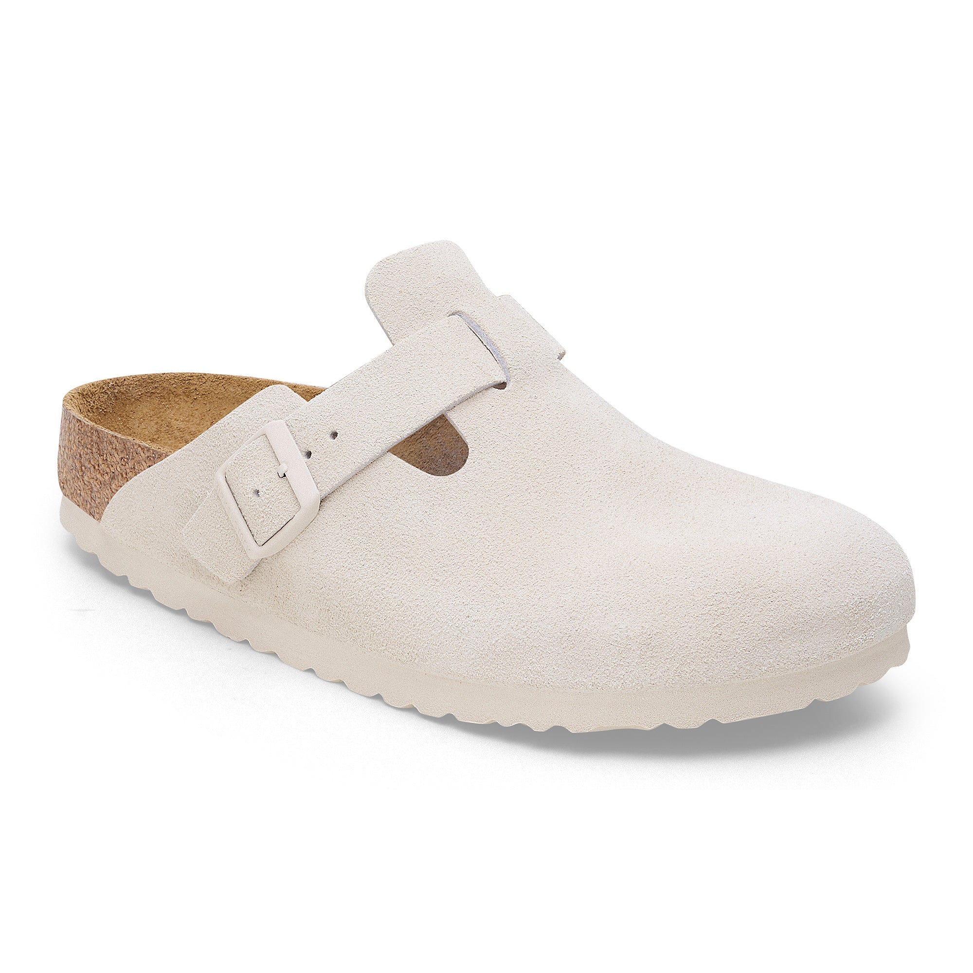 Women's Birkenstock Boston Soft Footbed Suede Leather Color: Antique White 2