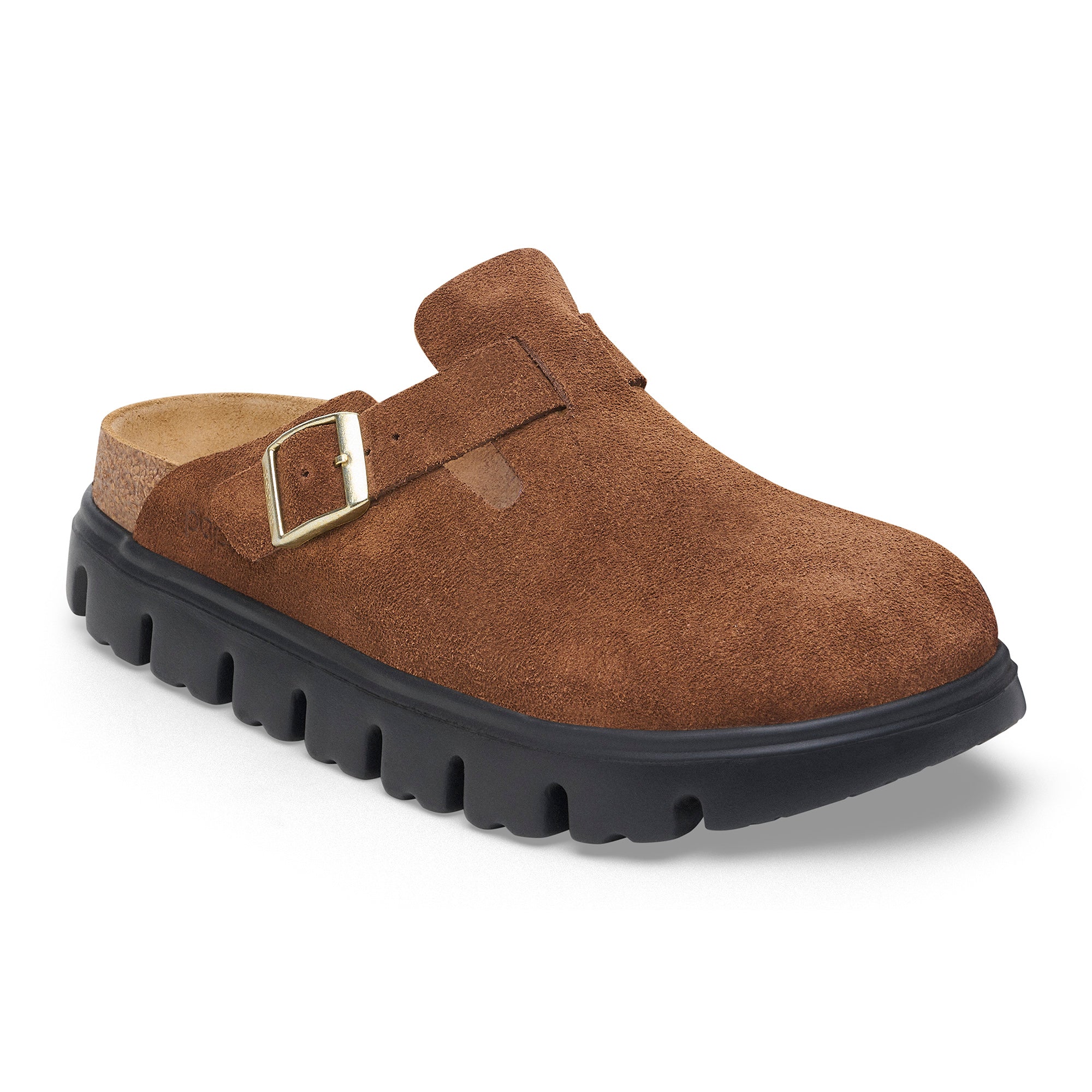 Brown suede clog shoe with a gold buckle on a white background