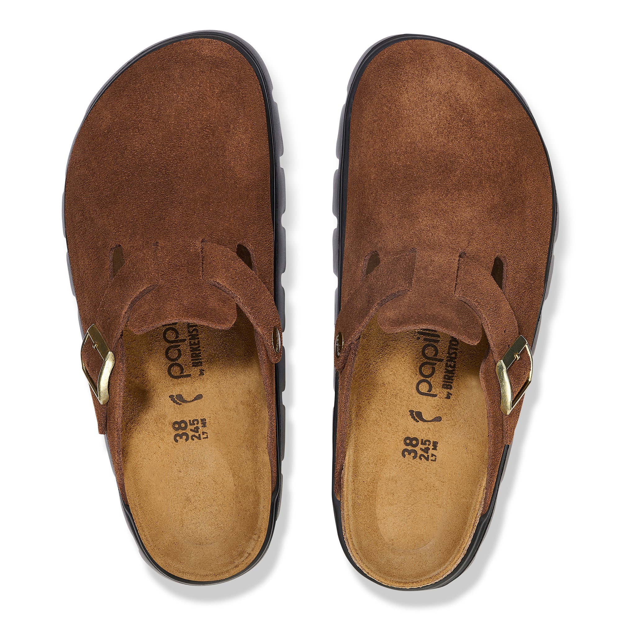 Brown suede clogs with a visible brand logo on a white background