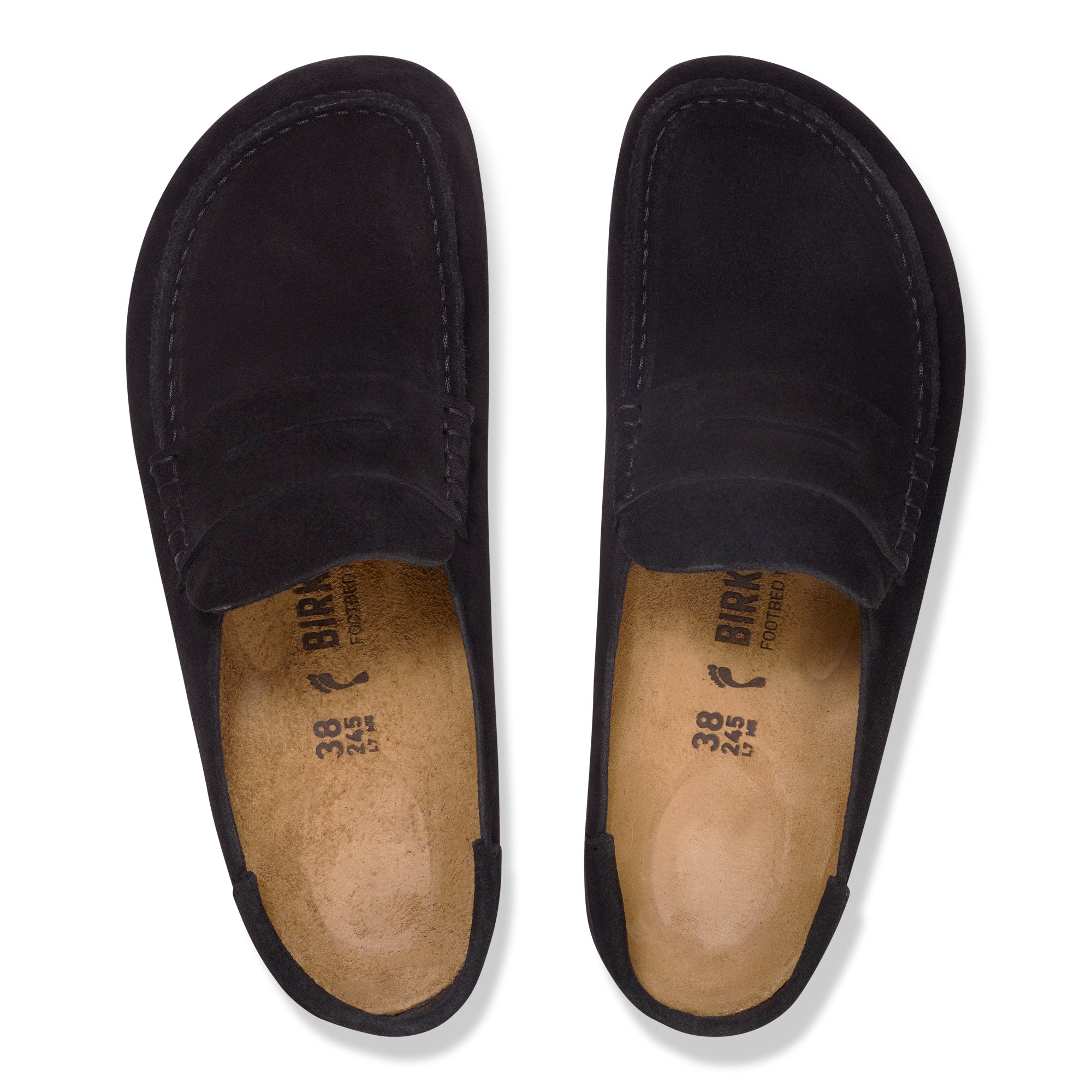 Black loafers with brown soles on a white background