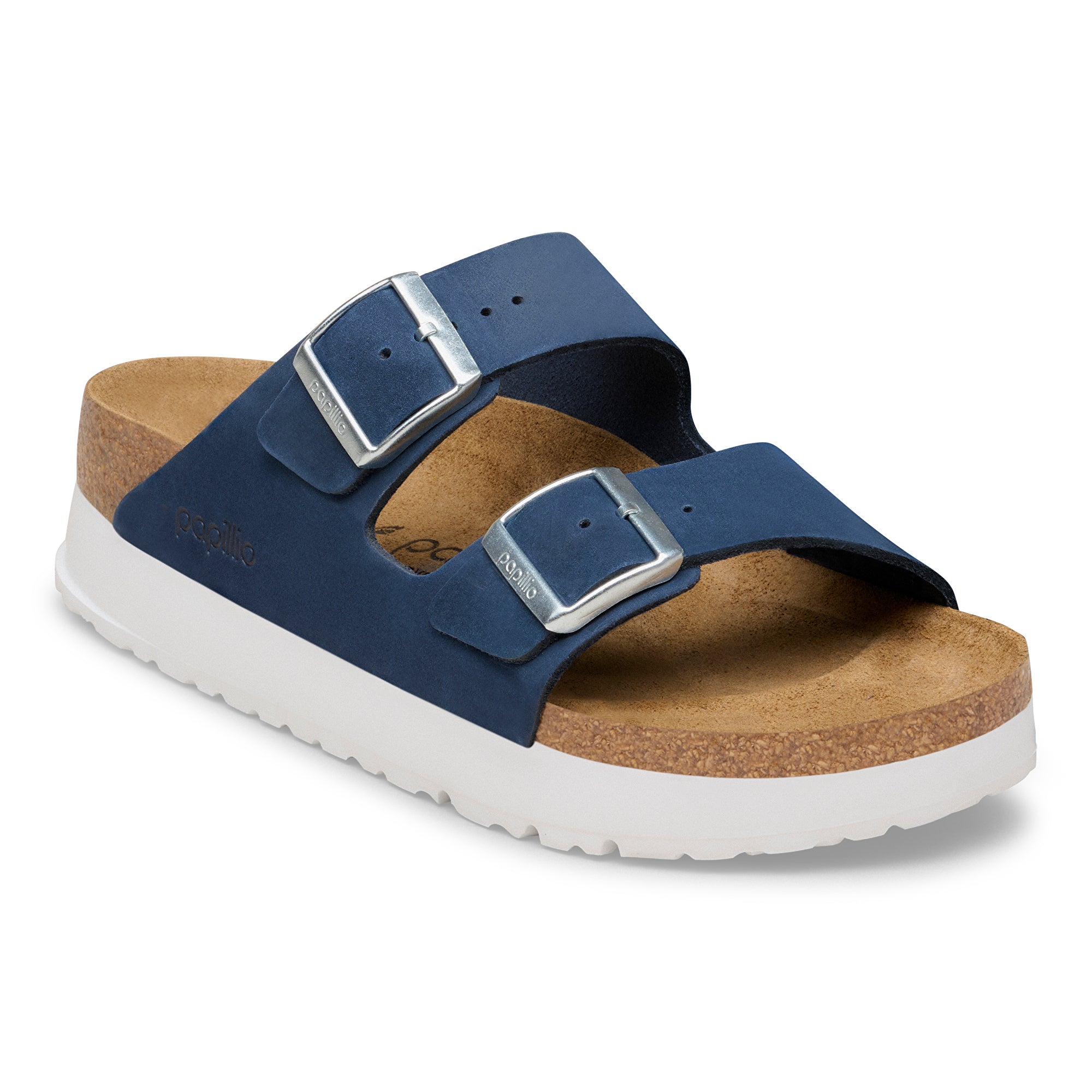 Blue sandal with cork sole on a white background