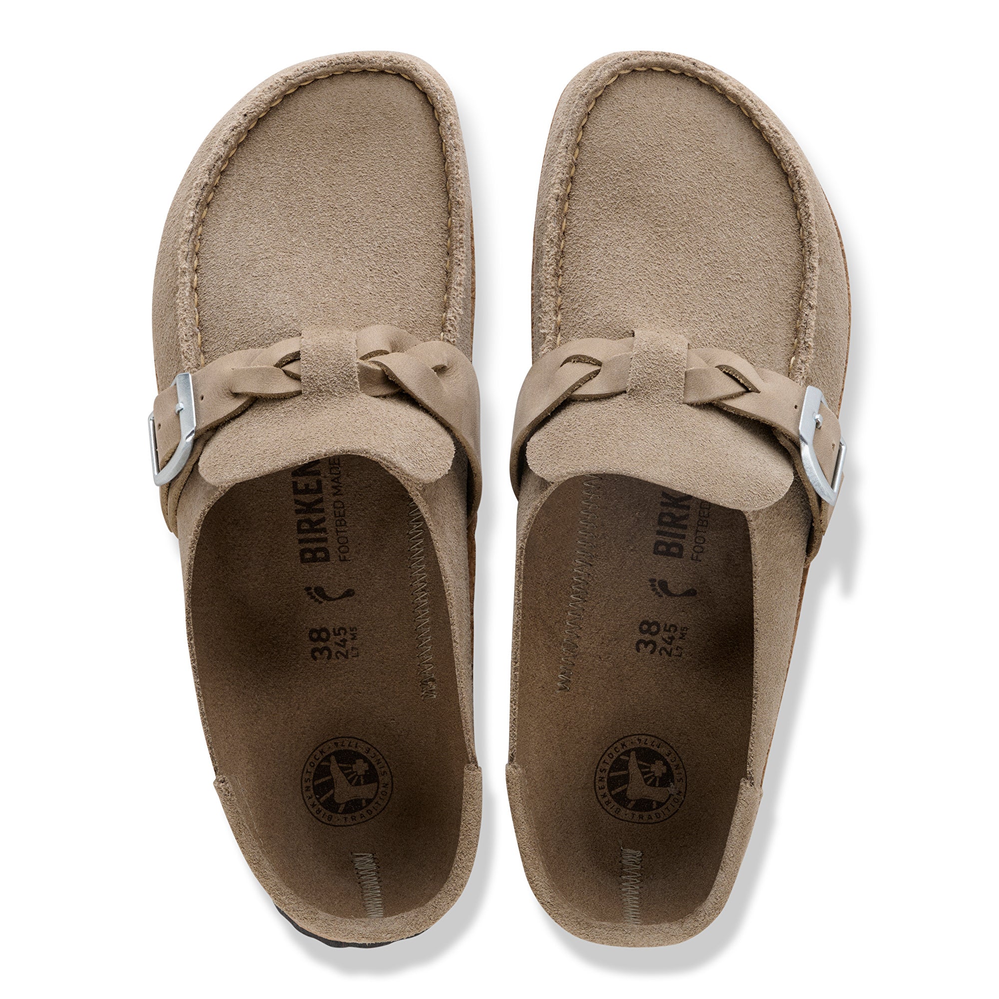 Pair of beige Birkenstock sandals on a white background