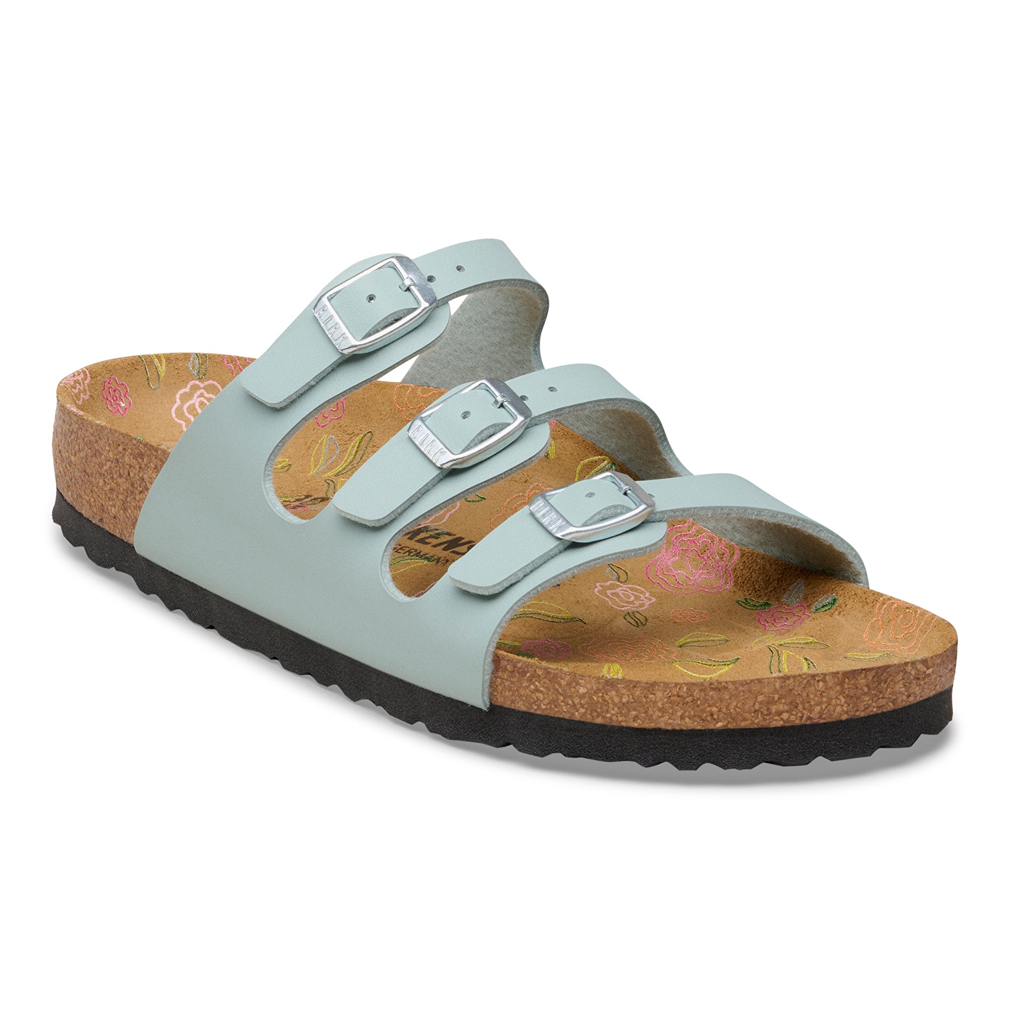 Light blue sandal with floral patterned insole on a white background