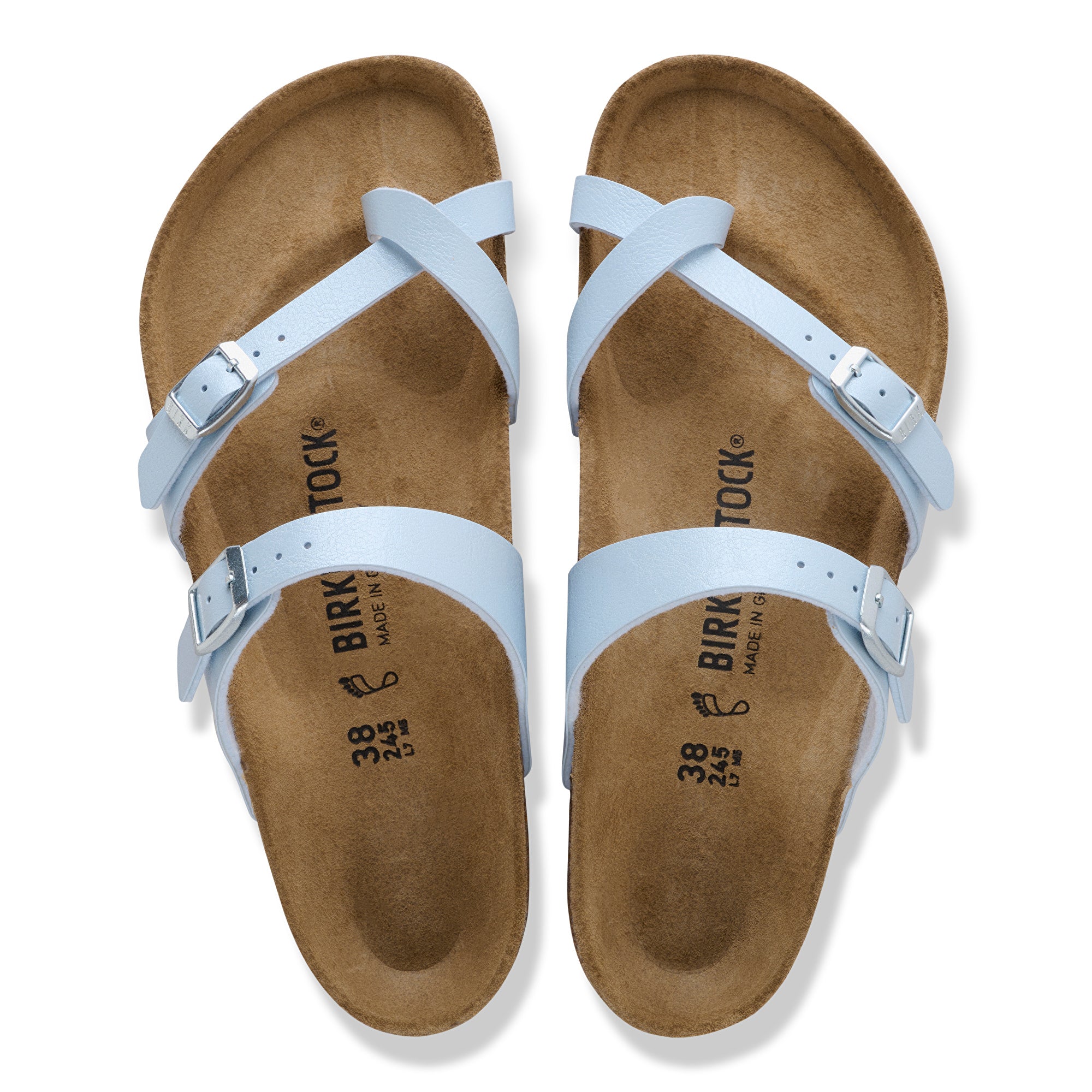Pair of Birkenstock sandals with light blue straps on a white background