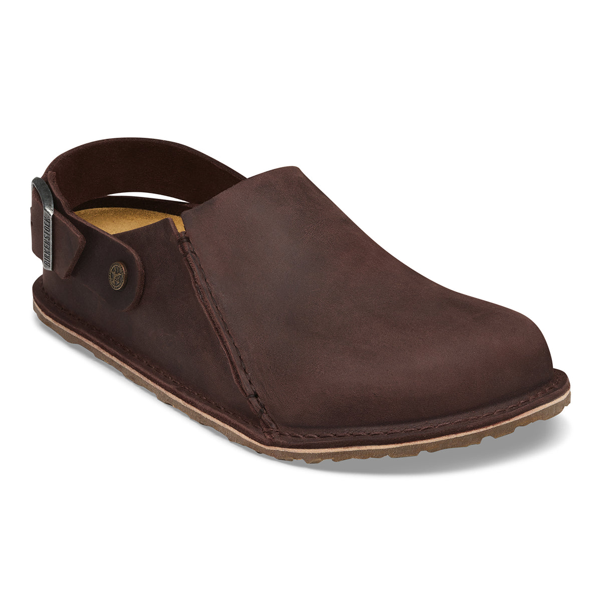 Brown leather clog shoe on a white background